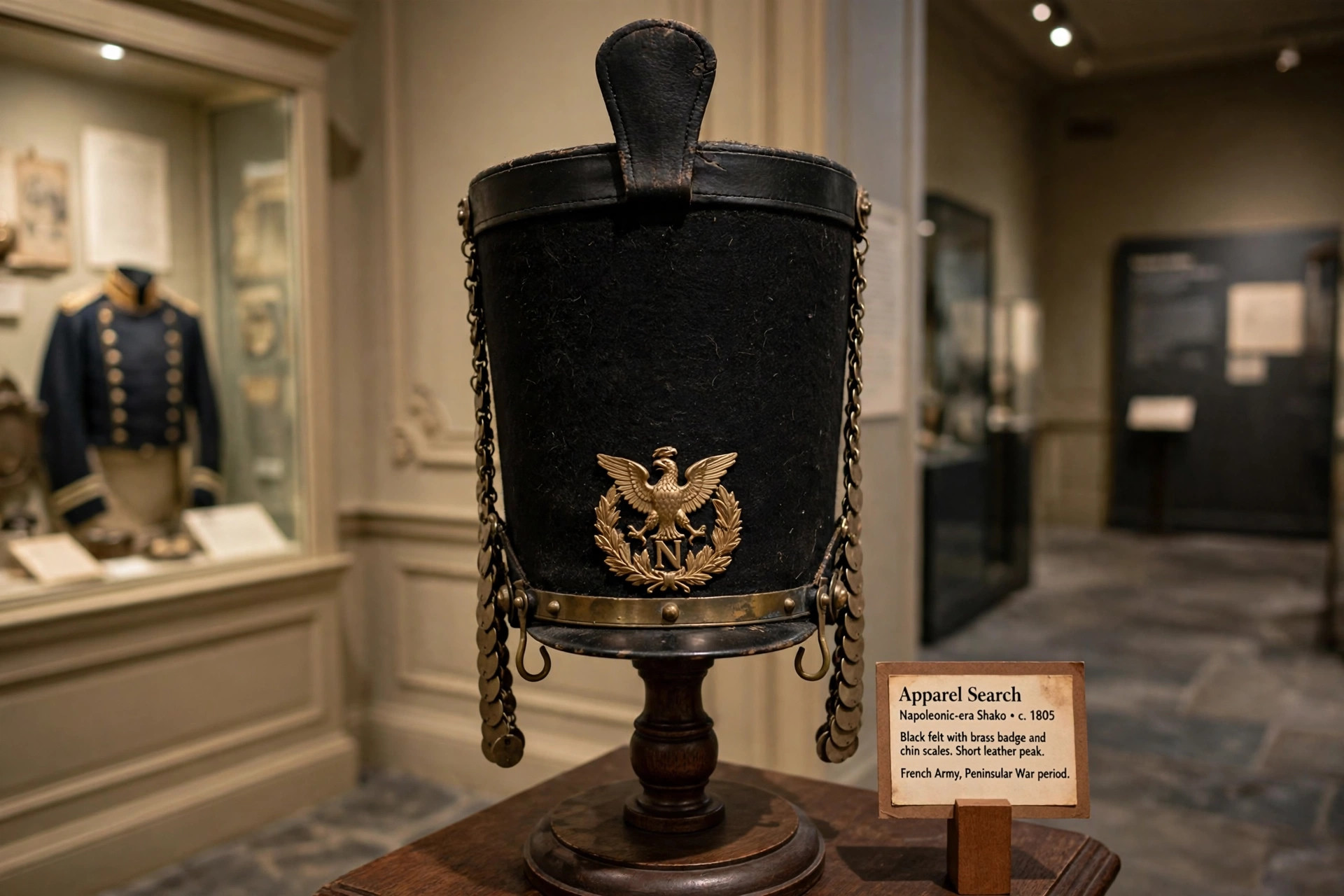 Napoleonic-era shako tall cylindrical black military cap with brass badge and chin scales displayed on a stand