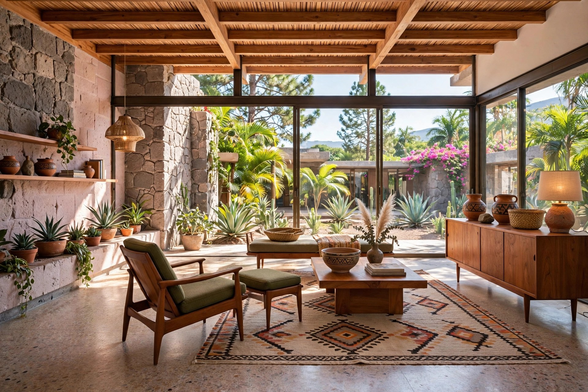Modernist home interior with natural wood and stone surfaces and mid-century modern furniture in warm tropical light