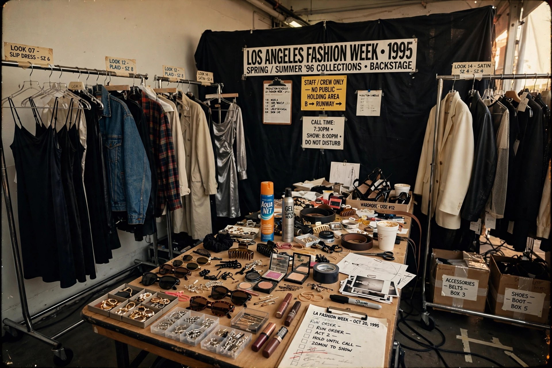 Fashion week runway backstage scene with garment racks and accessories tables in warm light