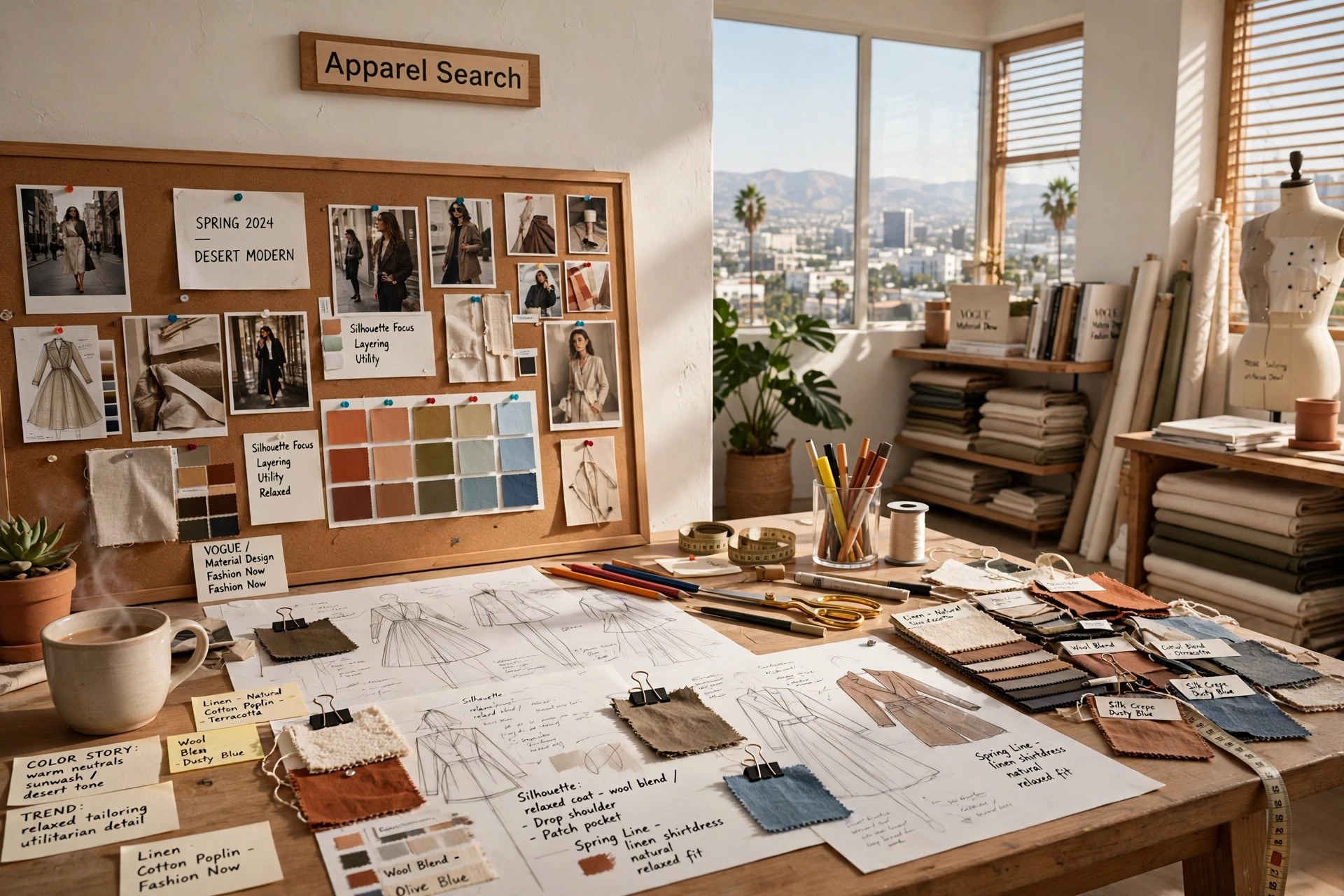 Fashion design studio office with a creative director's desk, trend boards, fabric swatches and fashion sketches in warm natural light