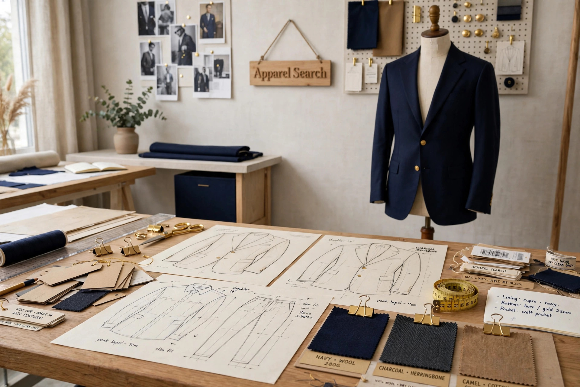 Men's fashion design studio table with garment silhouette sketches, fabric swatches, hangtags and labels