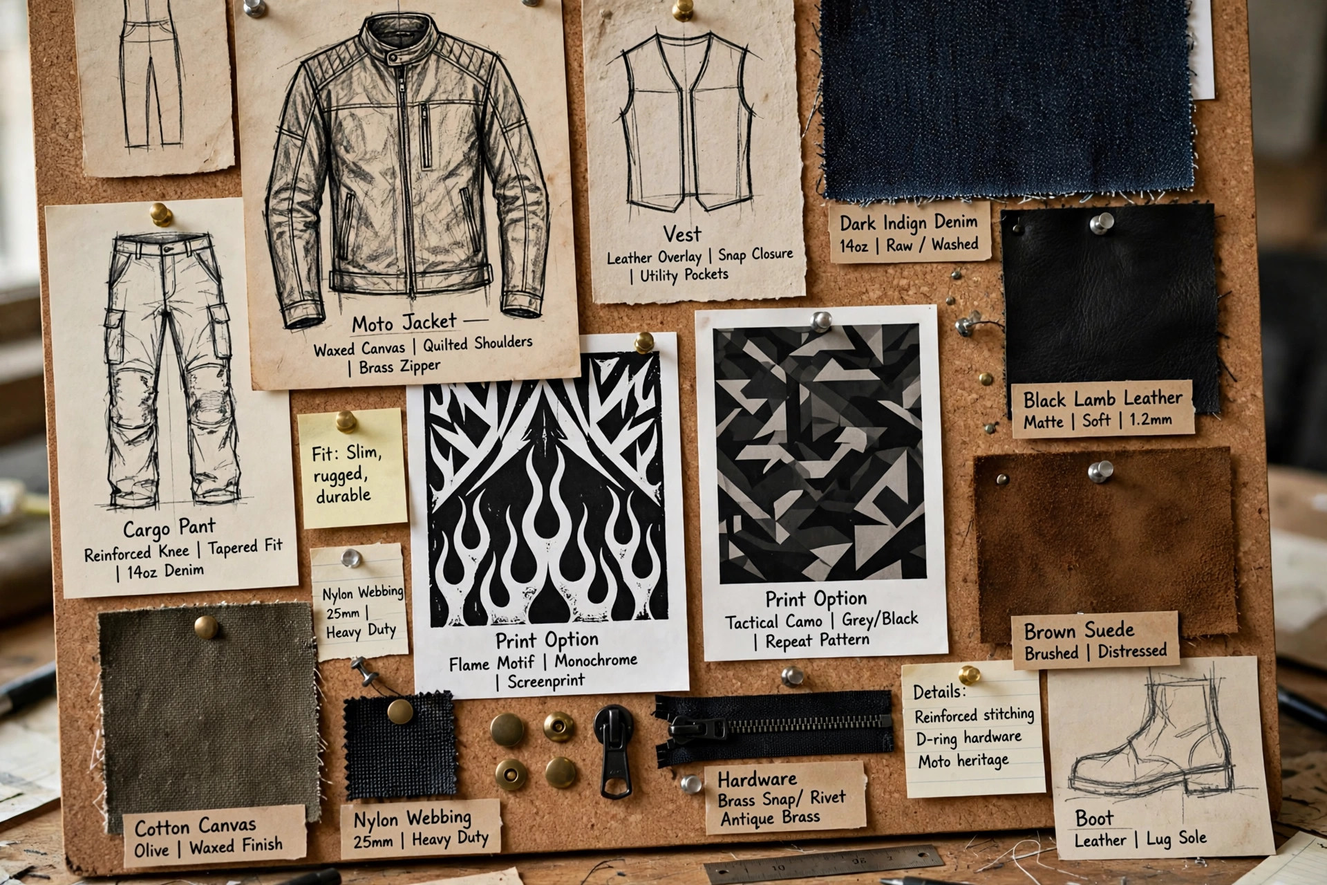 Presentation board for a rugged menswear line with garment sketches, denim and leather swatches and graphic prints