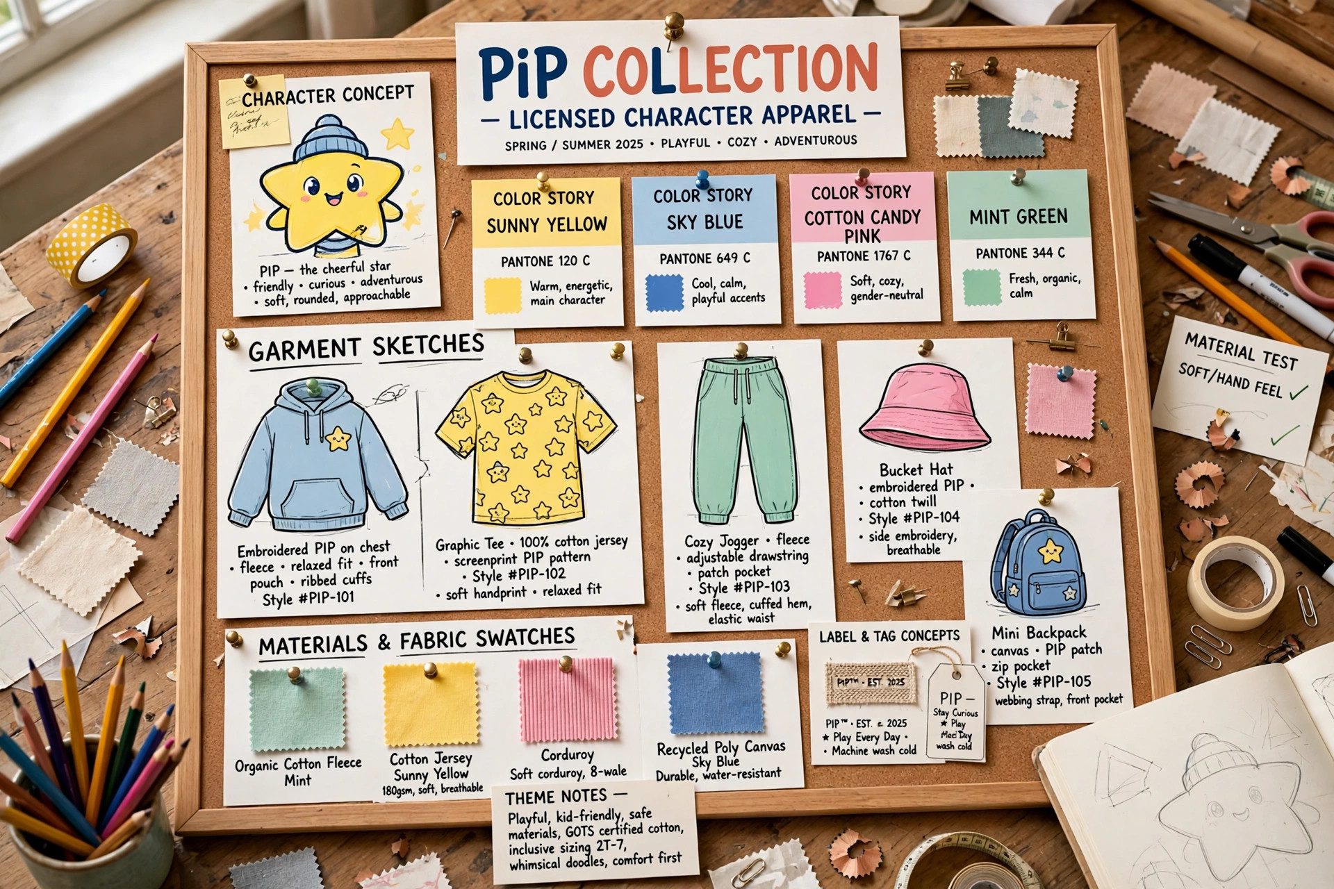 Presentation board for a licensed character clothing line with colorful garment sketches and fabric swatches