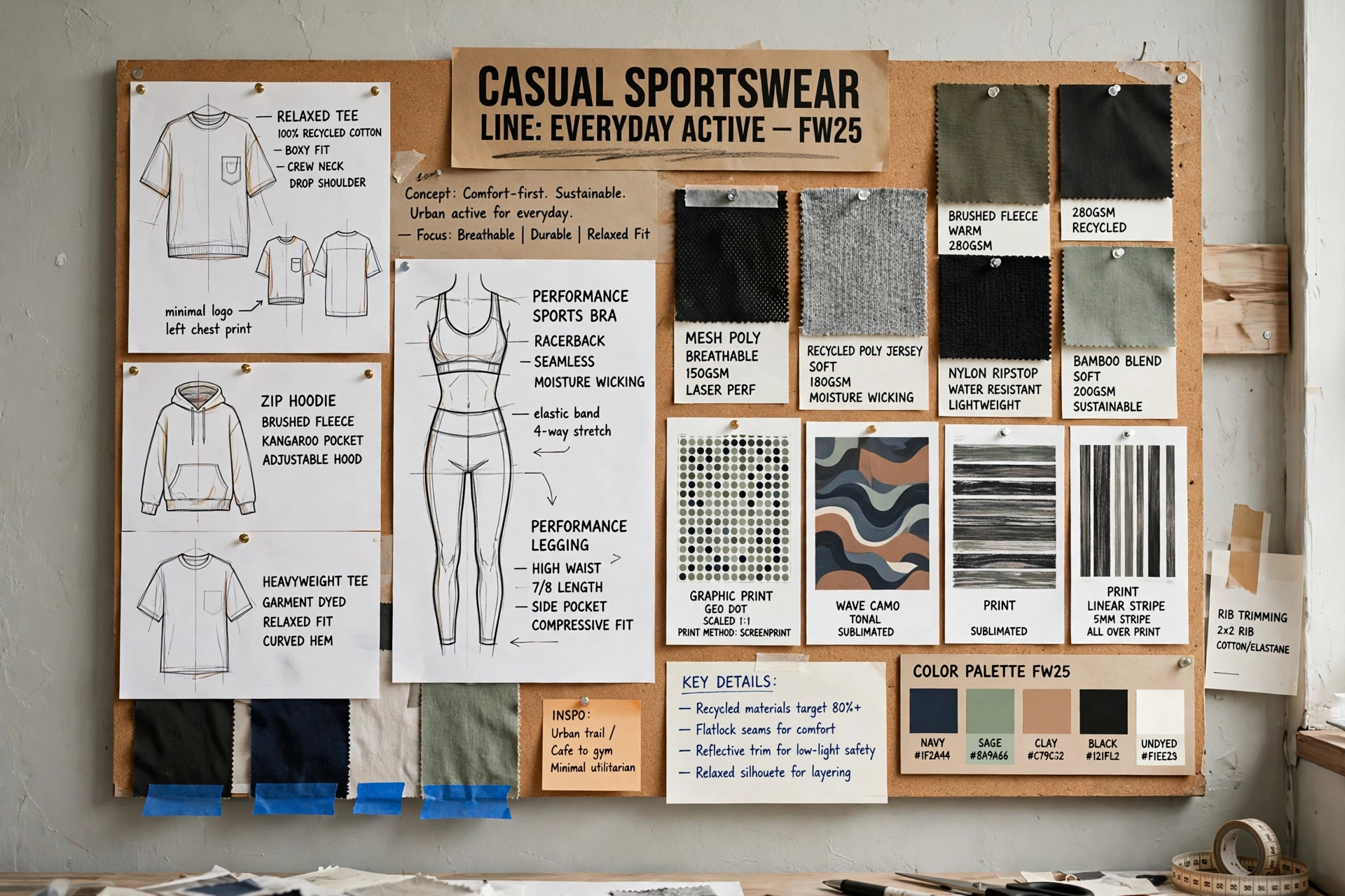 Presentation board for a casual sportswear line with t-shirt sketches, performance fabric swatches and print samples