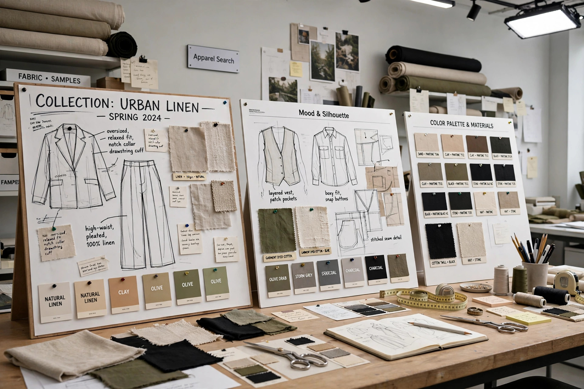 Fashion design studio table with presentation boards, garment sketches, fabric swatches and color cards