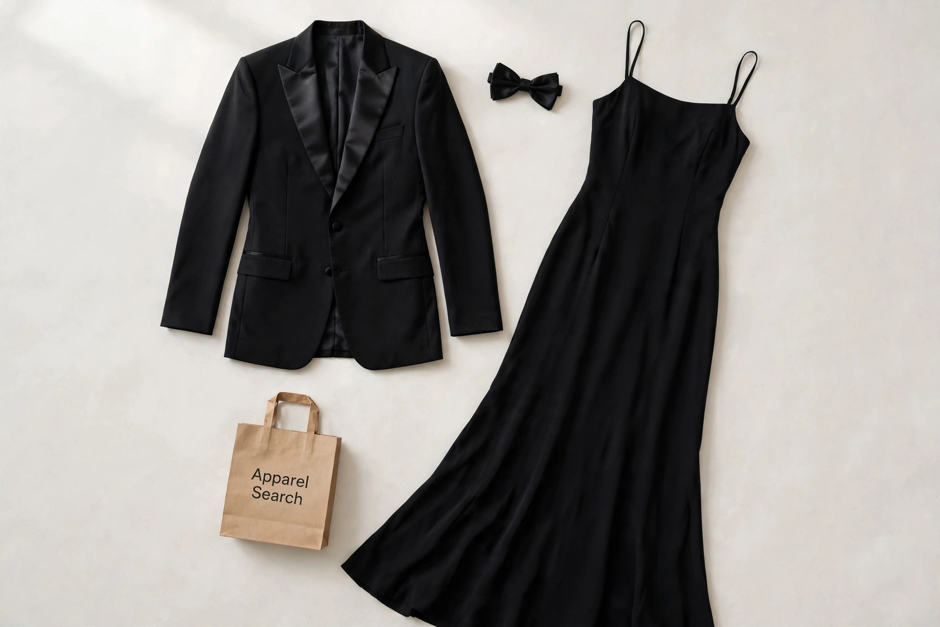 Black tuxedo jacket with satin lapels and a black bow tie laid flat beside a floor-length black crepe evening dress, product photography with no people