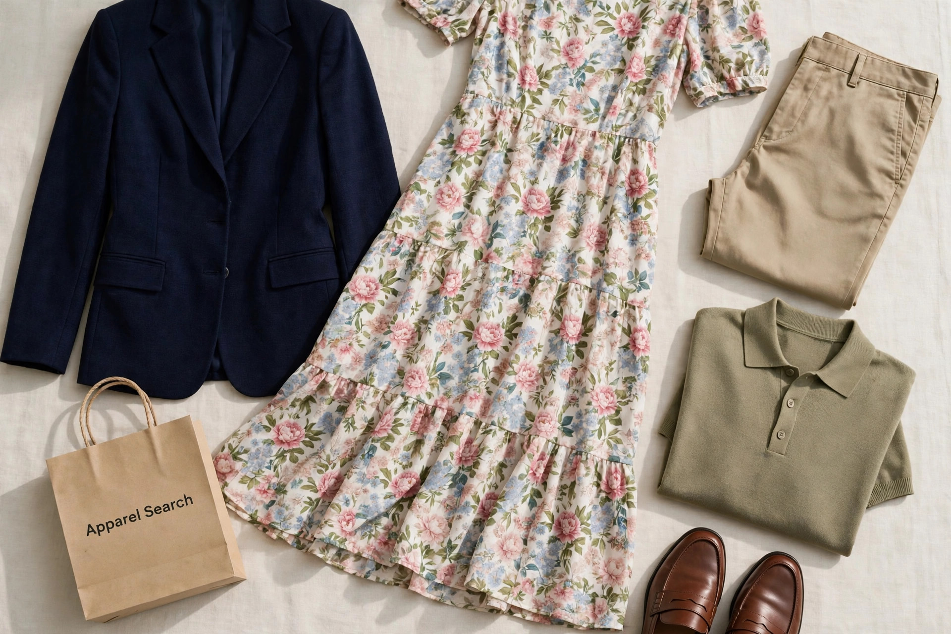 Women's navy blazer and floral midi dress laid flat beside men's chinos, a knit polo shirt and leather loafers, product photography with no people