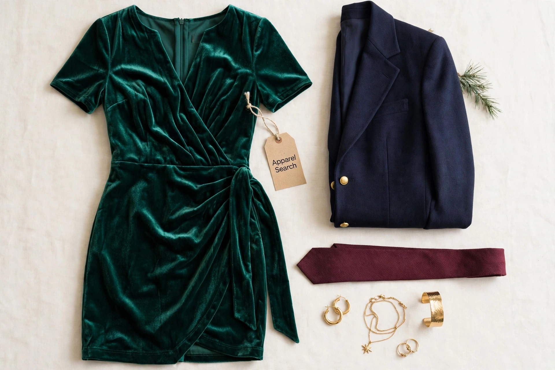 Women's emerald green velvet cocktail dress laid flat beside a navy blazer, burgundy tie and gold accessories for a holiday party, product photography with no people