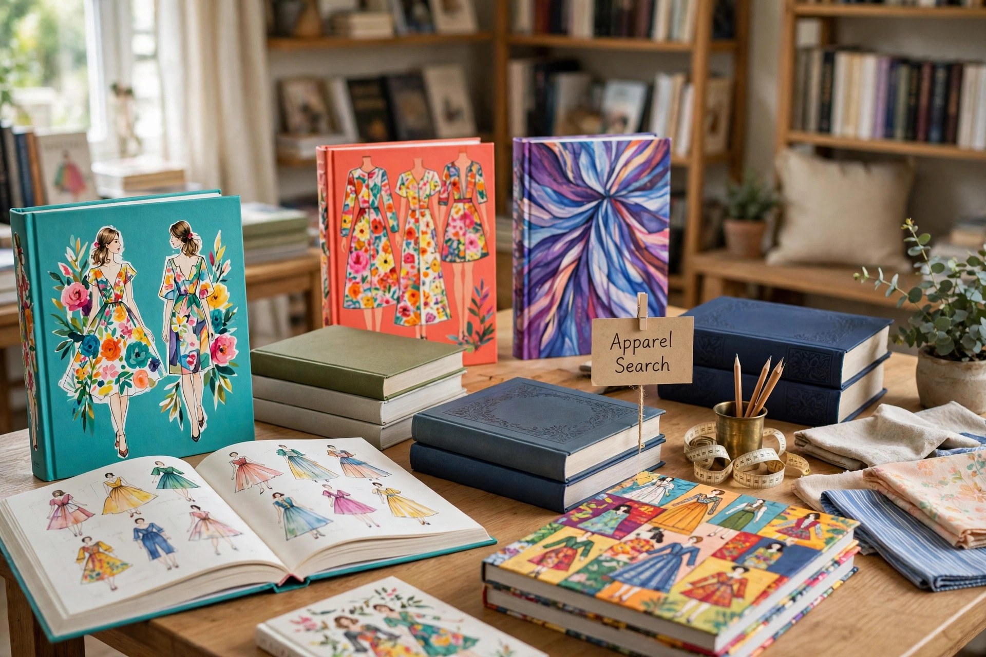 A bright bookshop table display of large illustrated fashion books with colourful covers, pattern drafting books and a fashion dictionary, a small Apparel Search sign on the display