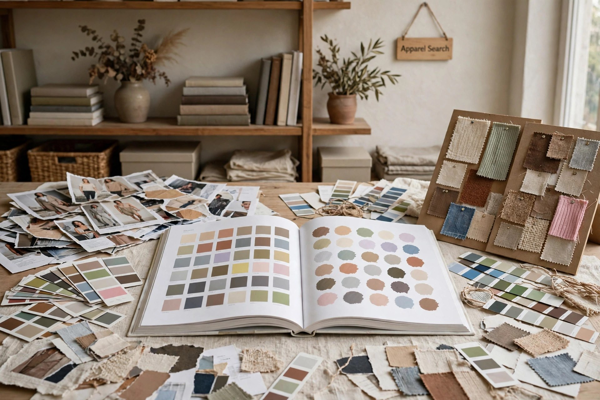 An open fashion forecasting book with colour trend pages on a studio desk, surrounded by colour swatches, magazine tearsheets and mood boards, a small Apparel Search sign on the wall