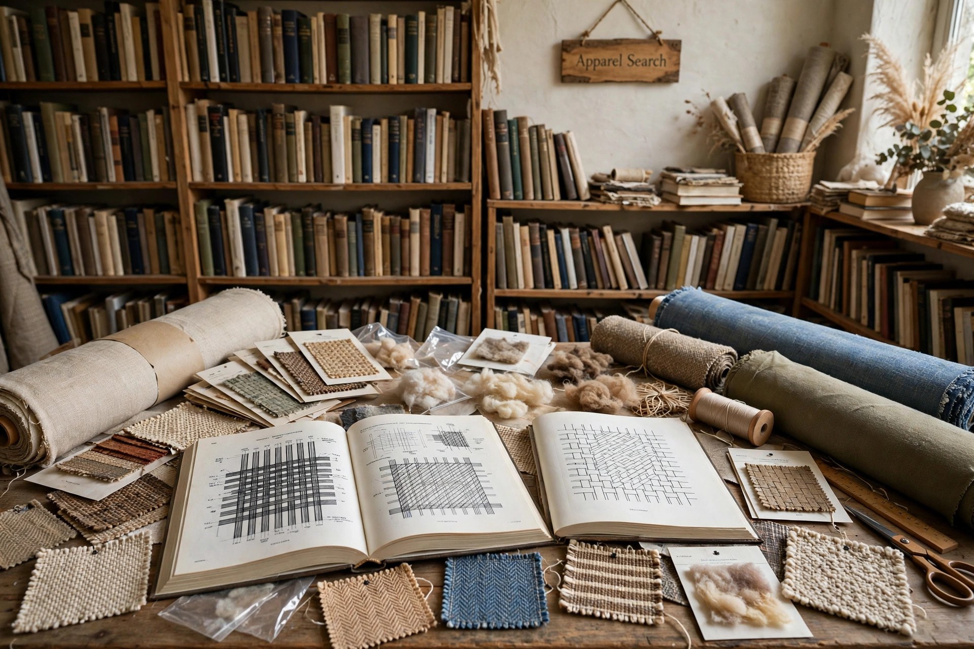 Textile books open on a table showing woven fabric structures, surrounded by fabric bolts, fibre samples and woven swatches, shelves of textile titles behind, a small Apparel Search sign on the wall