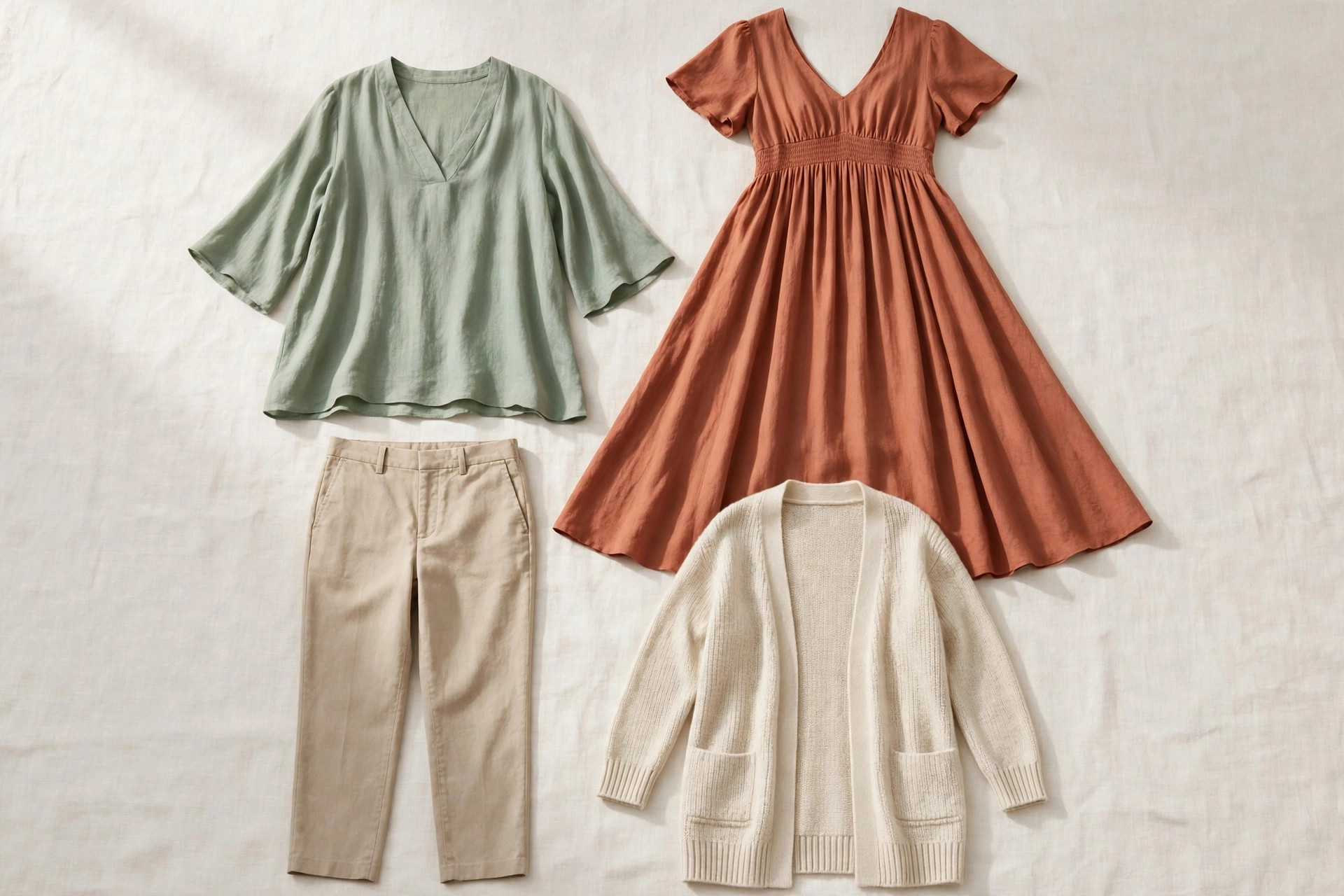 Flat lay of clothing chosen for an apple figure — a flowing V-neck tunic top, an empire-waist dress, straight-leg trousers and a long open cardigan — arranged on a clean background, product photography with no people
