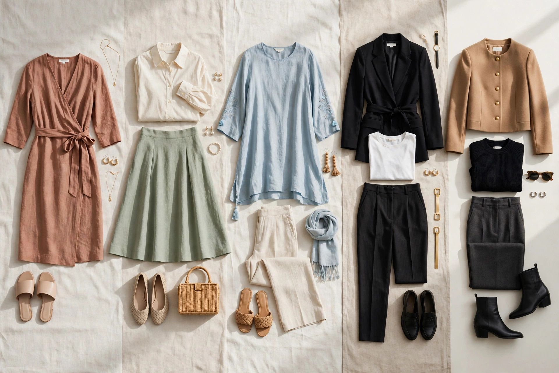 Flat lay of women's clothing in five styled groupings — a wrap dress, an A-line skirt outfit, a flowing tunic outfit, a belted blazer outfit and a structured jacket outfit — arranged side by side on a clean background, product photography with no people