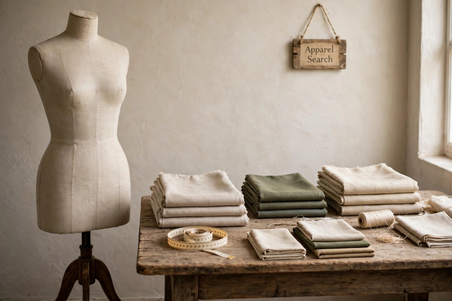 Tailor's dress form beside a table with a soft tape measure, size charts and neatly folded garments, a small Apparel Search sign on the wall