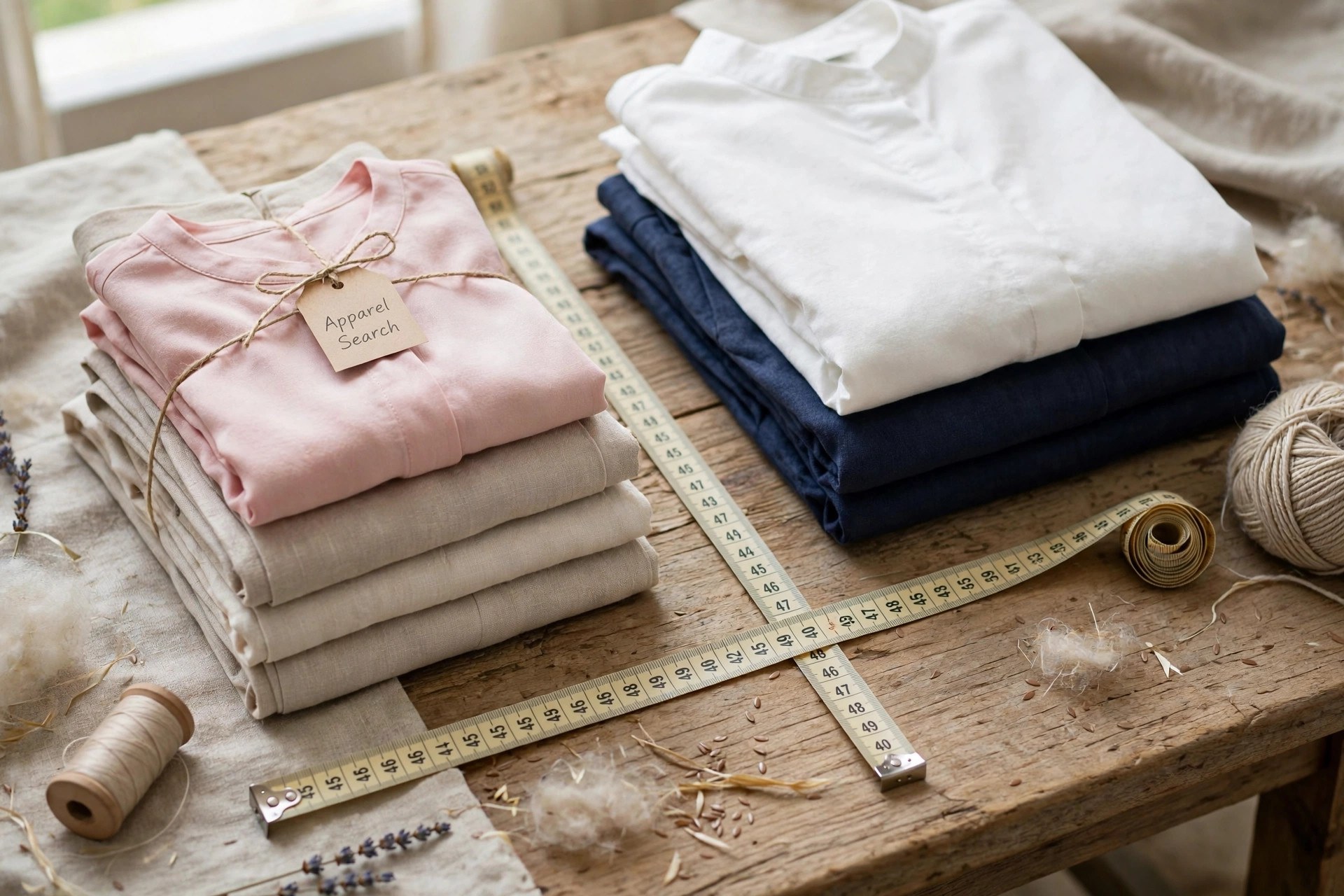 Neatly folded women's petite garments beside regular-size equivalents on a table with a tape measure showing shorter lengths, a small Apparel Search tag on one fold