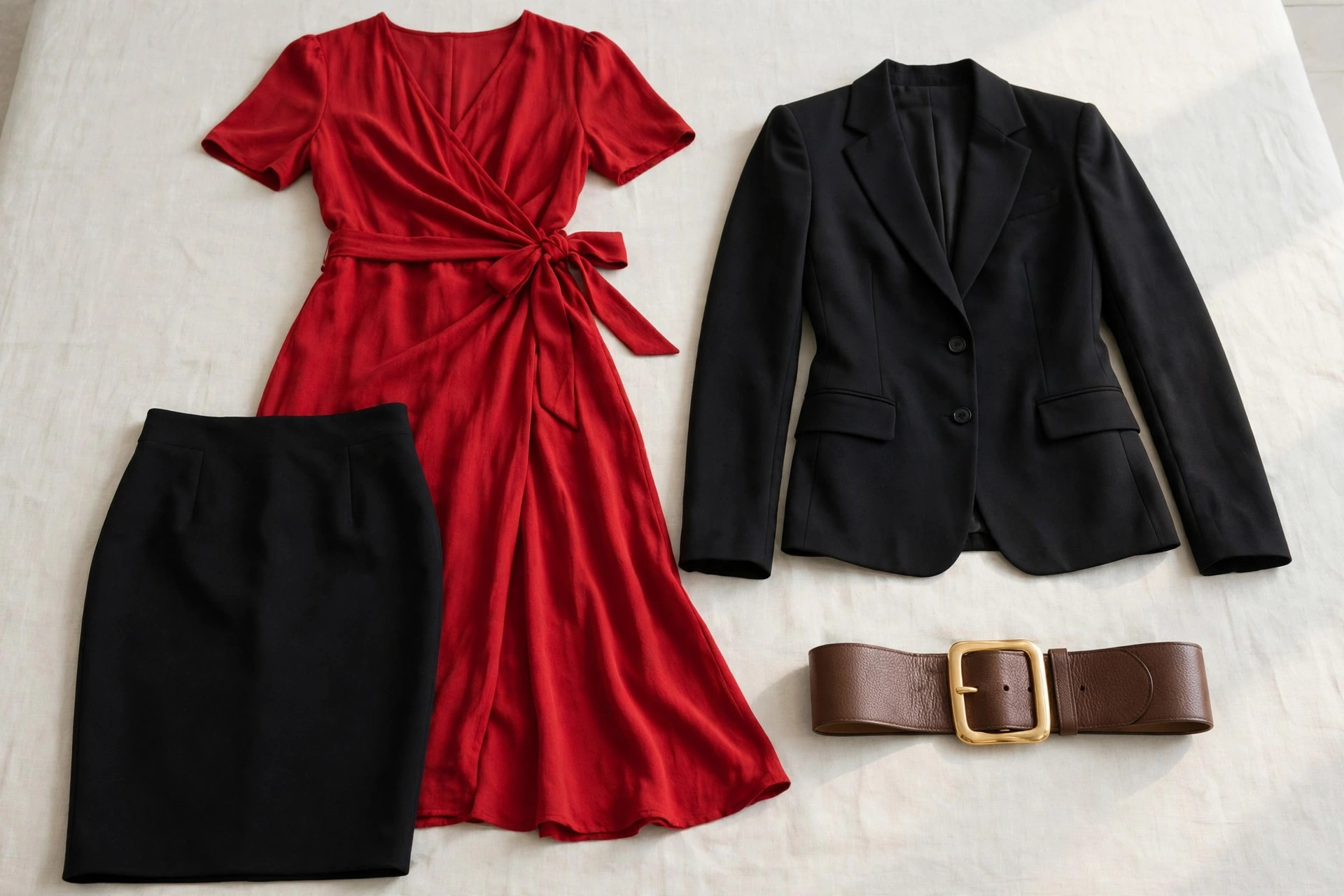 Flat lay of clothing chosen for an hourglass figure — a red wrap dress, a high-waisted pencil skirt, a tailored fitted jacket and a wide waist belt — arranged on a clean background, product photography with no people