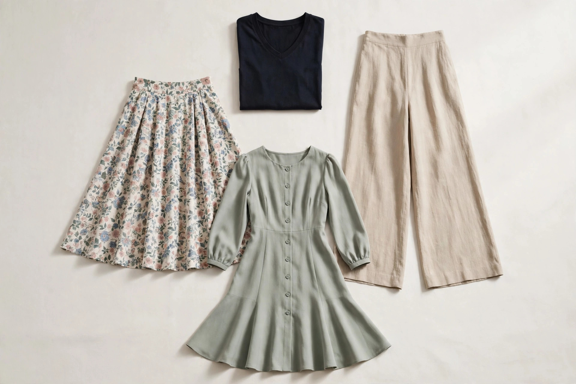 Flat lay of clothing chosen for an inverted triangle figure — a simple dark V-neck top, a full A-line patterned skirt, wide-leg trousers and a flared hem dress — arranged on a clean background, product photography with no people