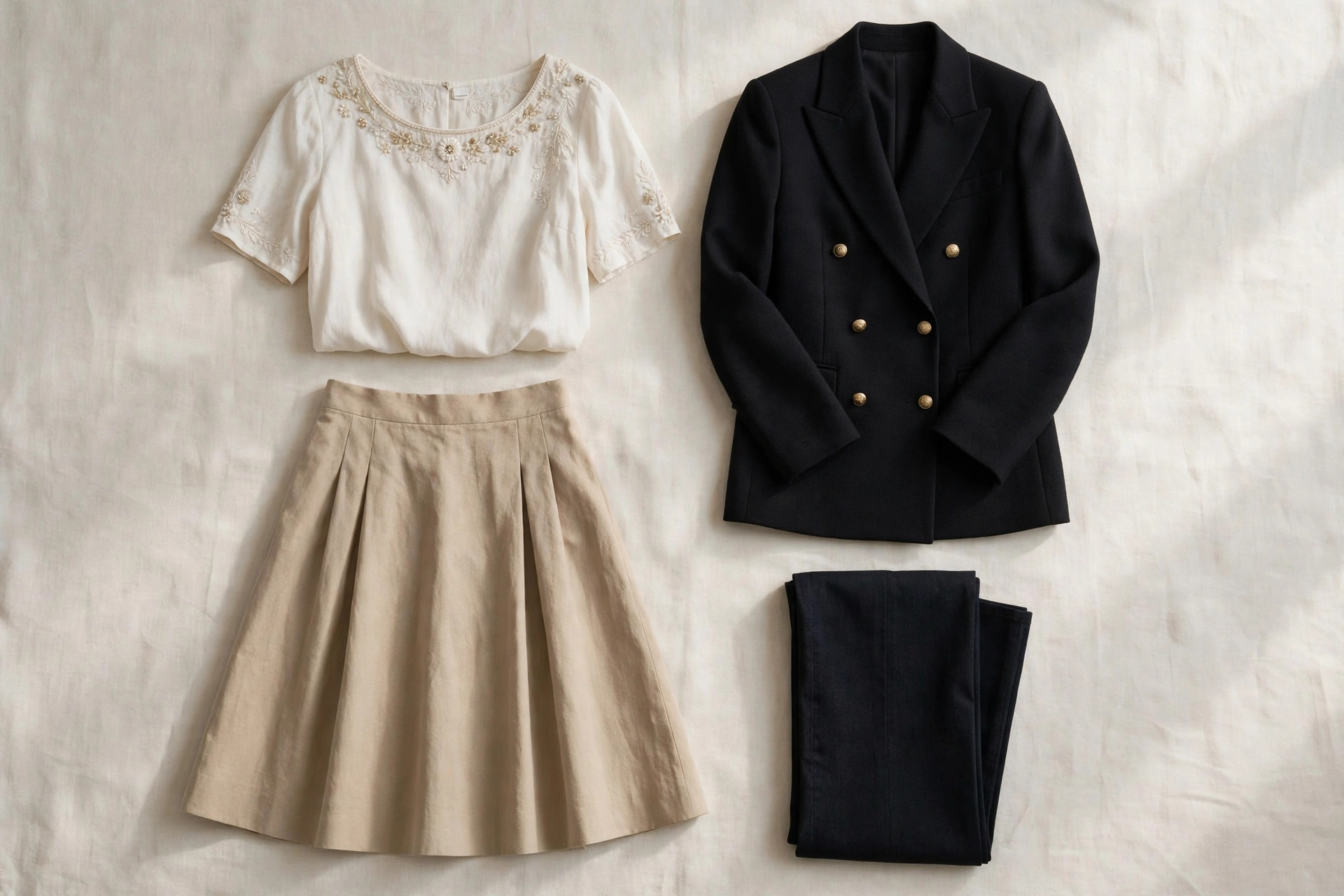 Flat lay of clothing chosen for a pear figure — an embellished boat-neck top, a structured blazer, an A-line skirt and dark straight-leg trousers — arranged on a clean background, product photography with no people