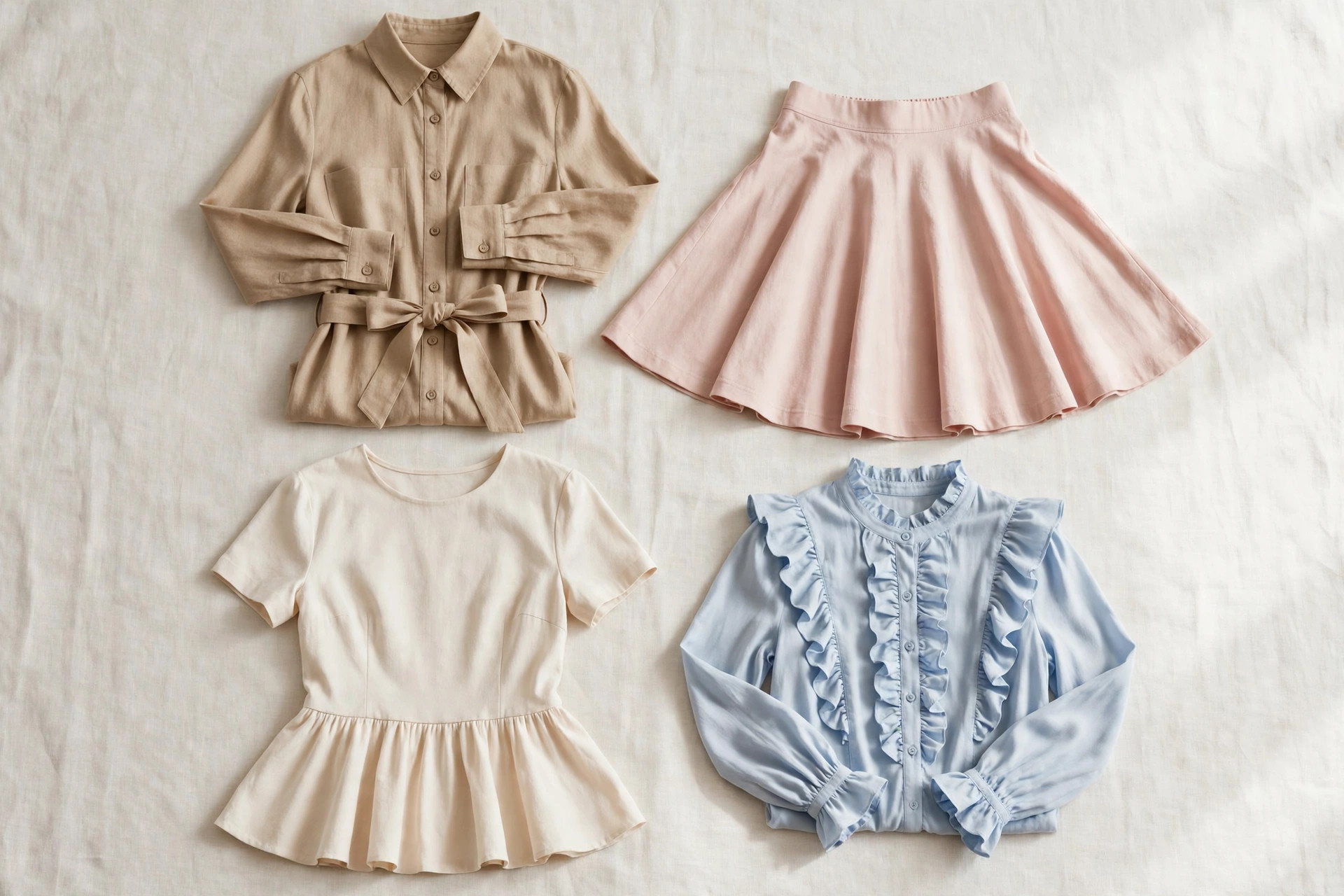 Flat lay of clothing chosen for a rectangle figure — a belted shirt dress, a flared skater skirt, a peplum top and a ruffled blouse — arranged on a clean background, product photography with no people