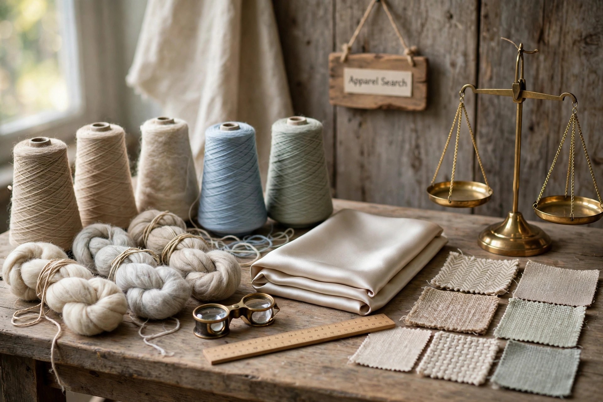 Workbench with yarn cones, silk fabric, wool hanks and woven cloth samples arranged around rulers, scales and a counting glass, a small Apparel Search sign behind