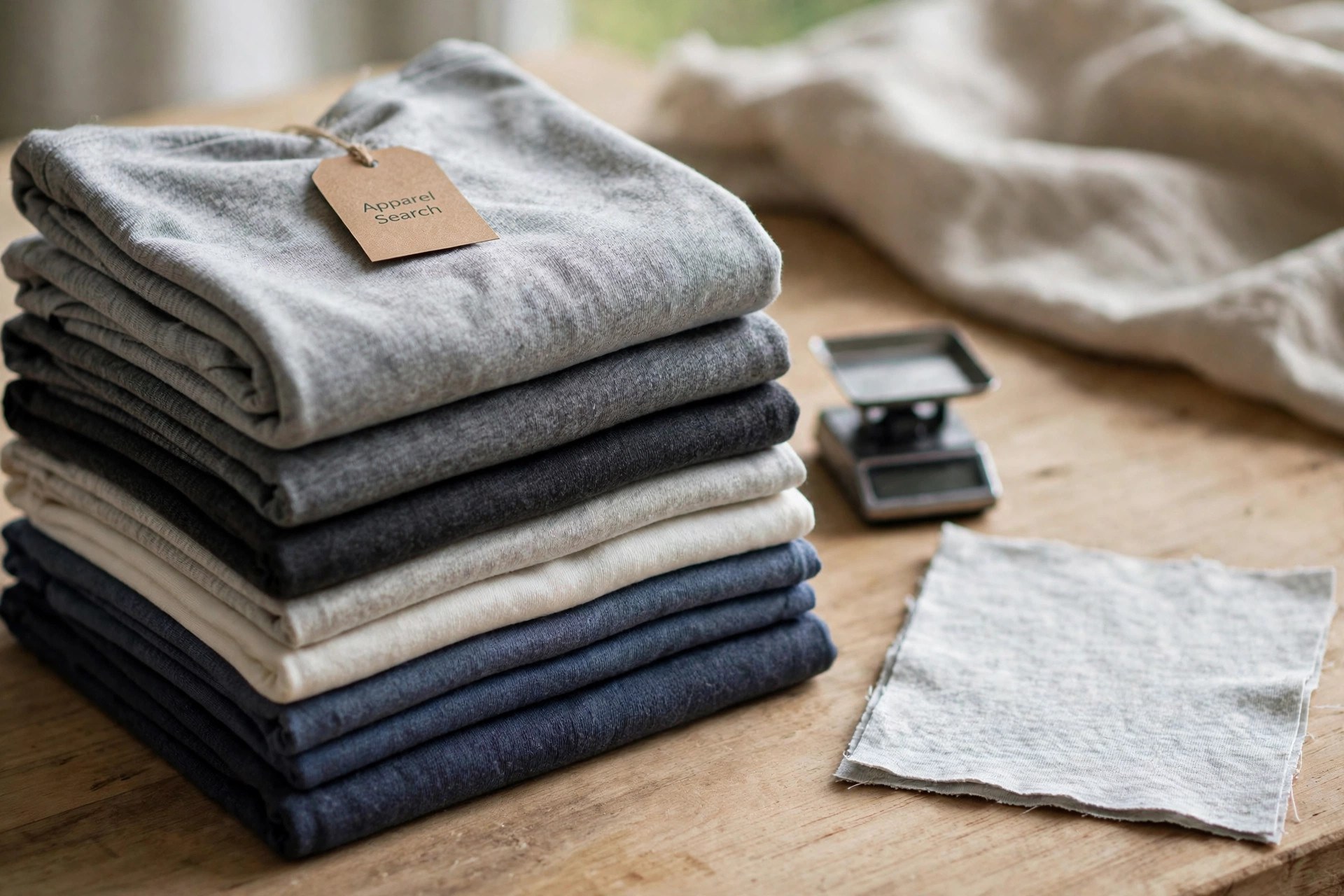 Stack of folded t-shirt fabrics in several thicknesses beside a small scale and a cut square yard of jersey, a small Apparel Search tag on the top fold