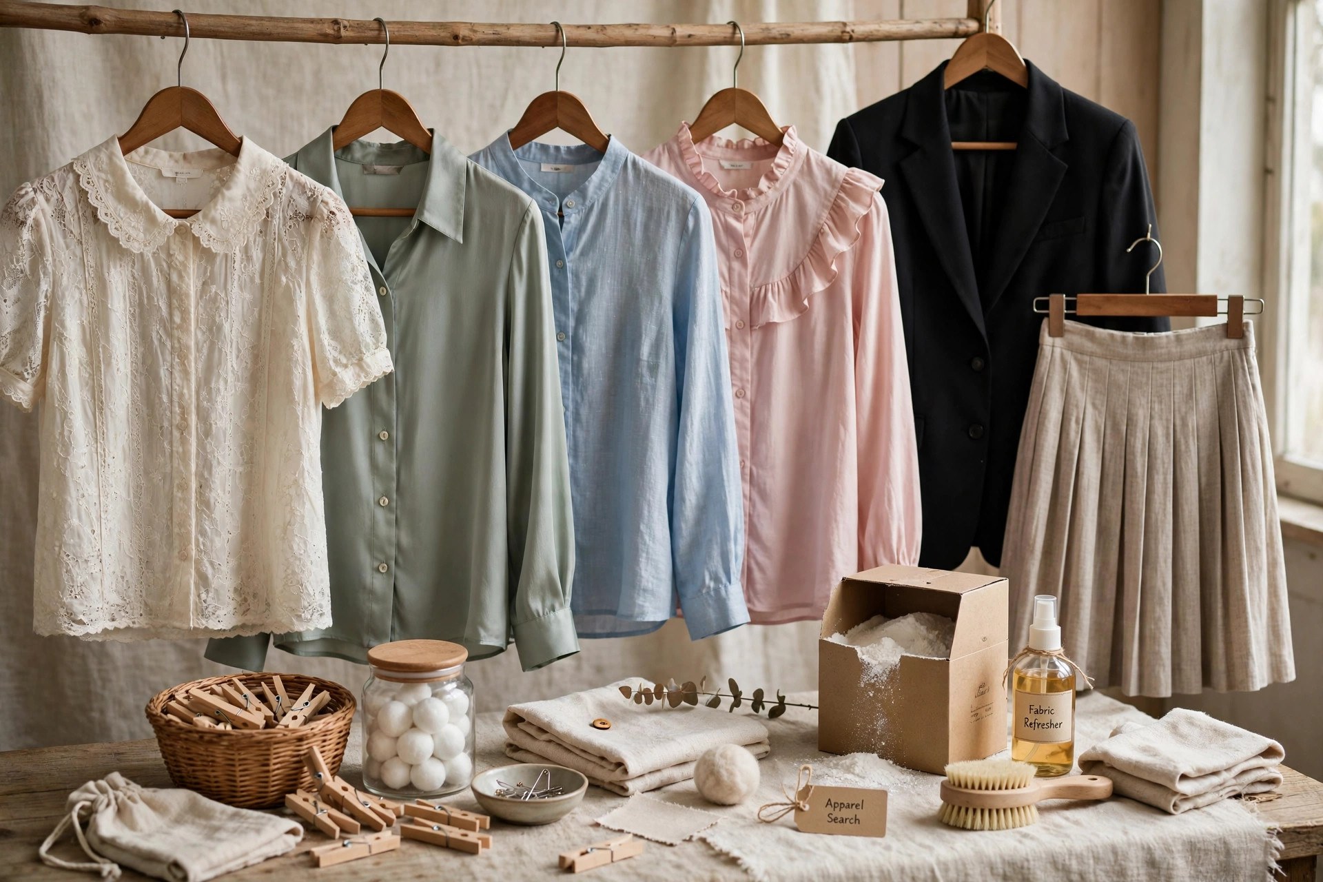 Several women's blouses in different fabrics and collar styles on hangers beside a skirt and tailored jacket, no people
