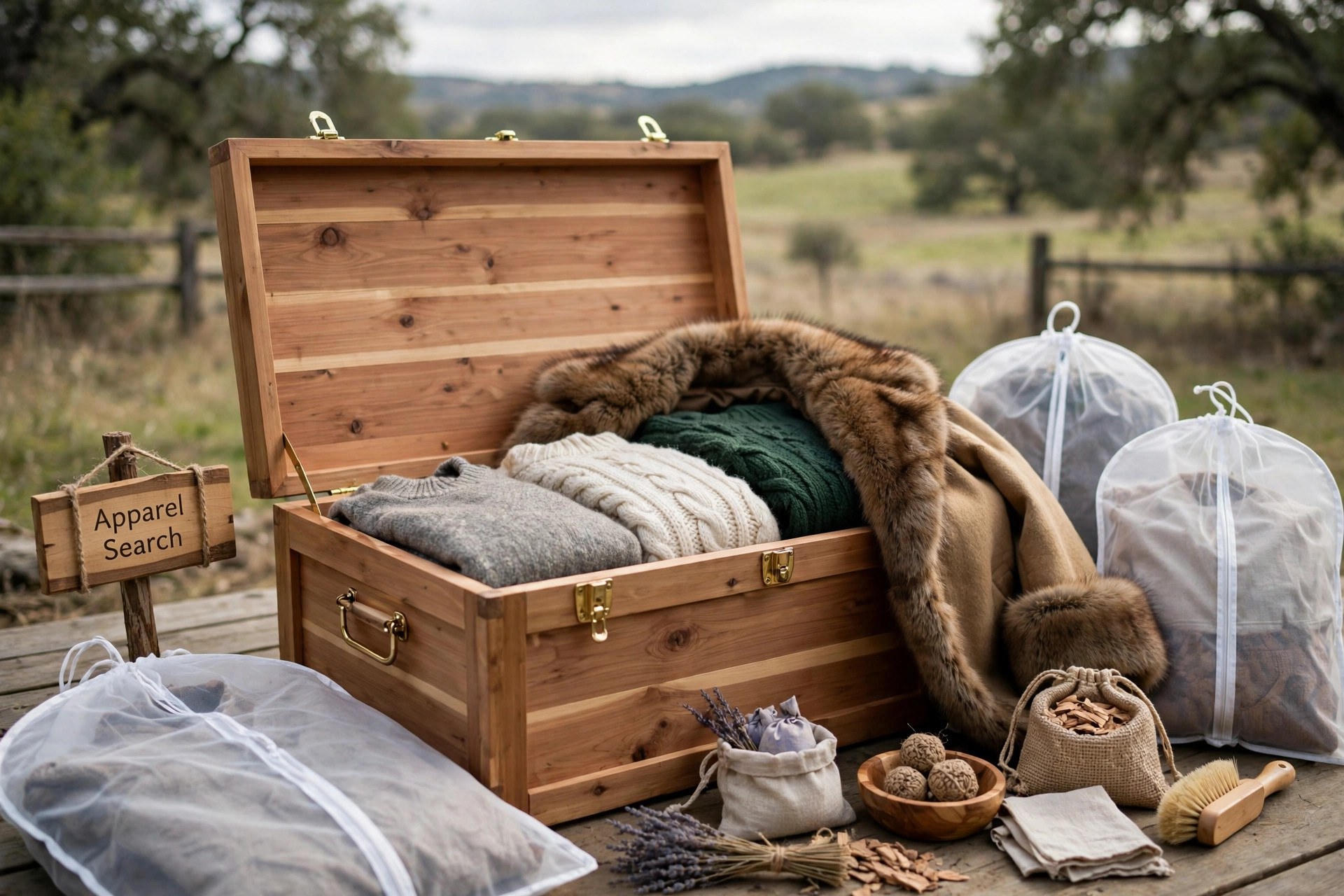 Wool sweaters and a fur-trimmed coat being placed into a sealed cedar storage box, moth-proof garment bags nearby, no people