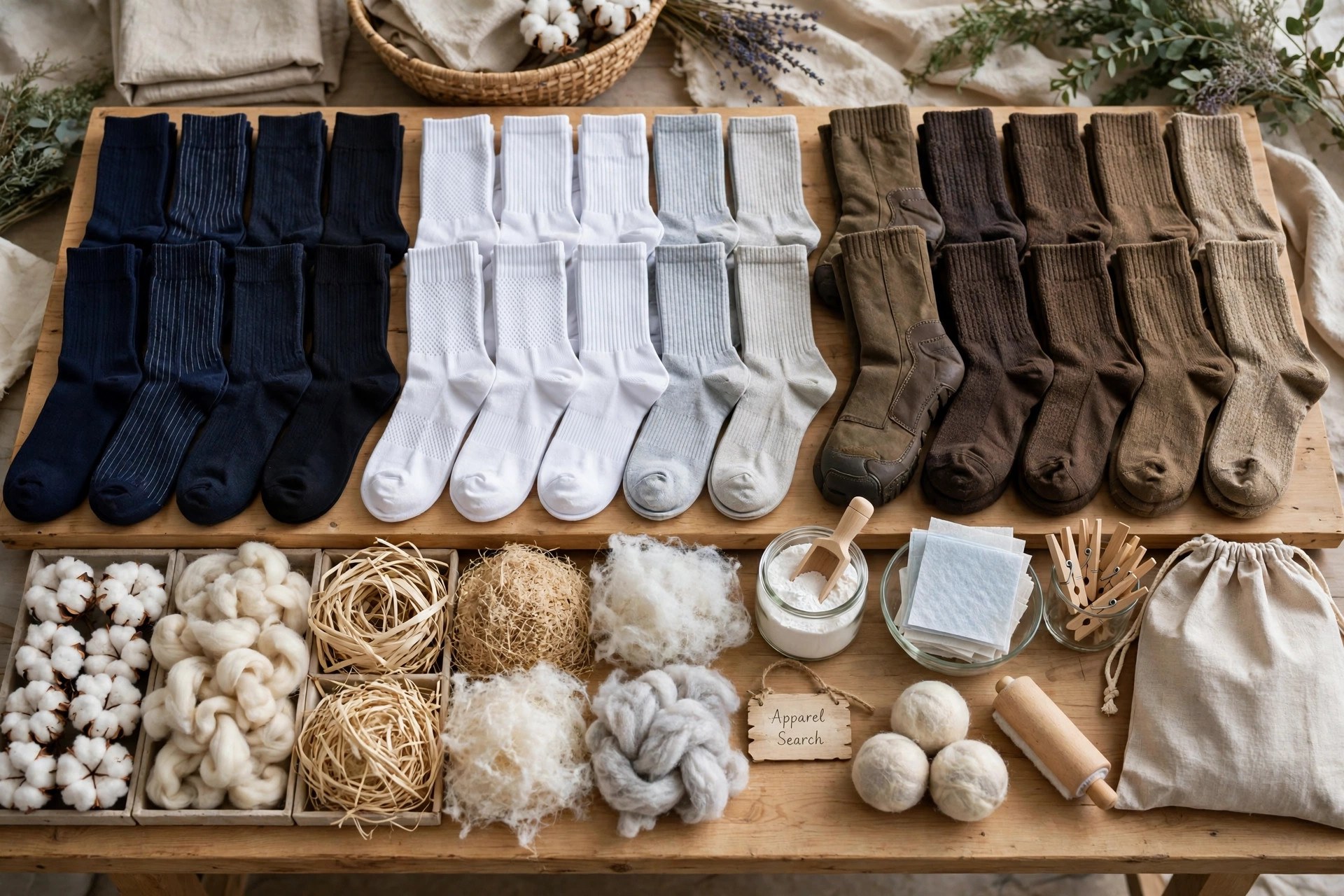 Rows of socks in dress, athletic and work styles and several fibers arranged by type on a display table, no people
