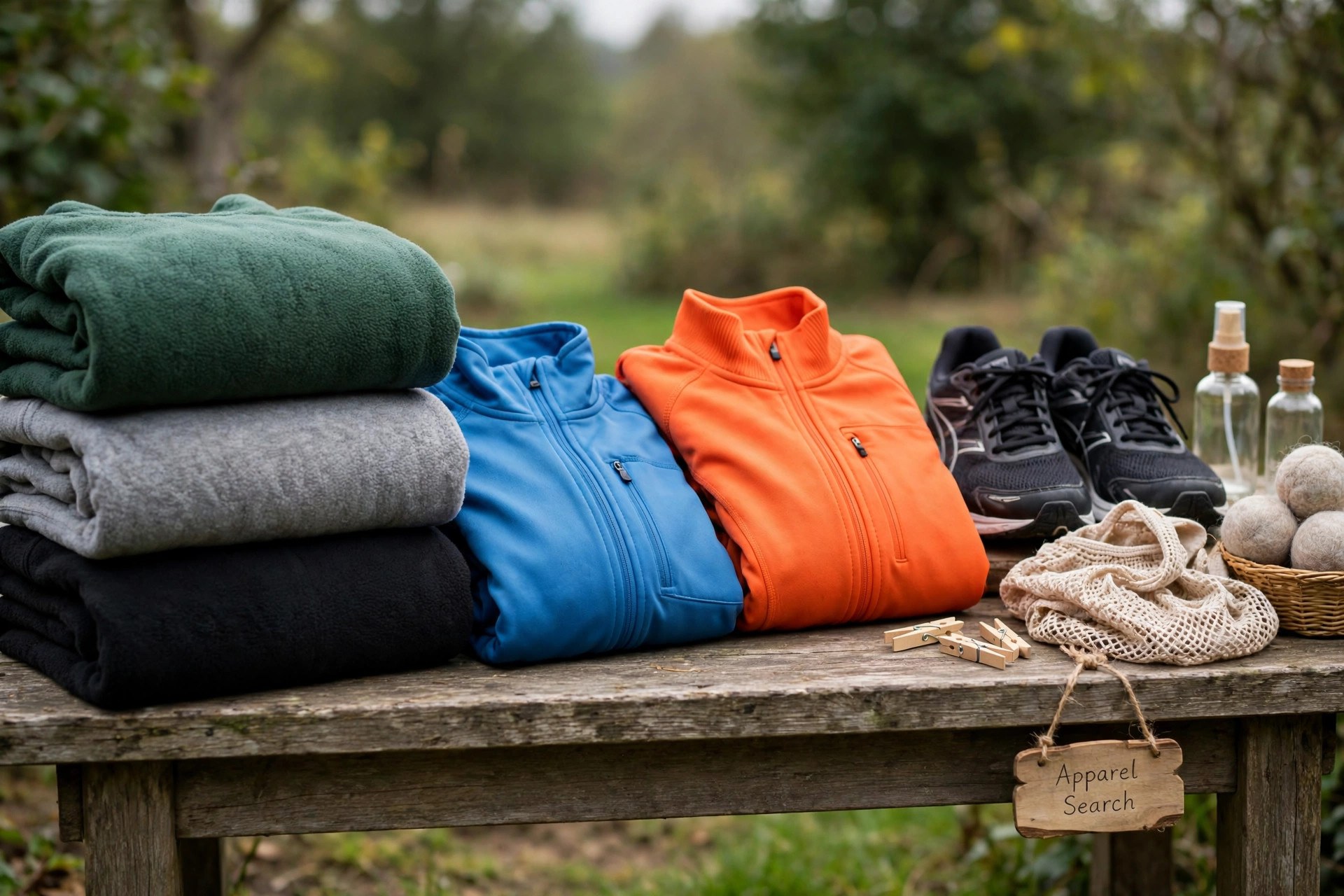 Folded fleece sweatsuits and warm-up jackets in athletic colors beside trainers on a bench, no people