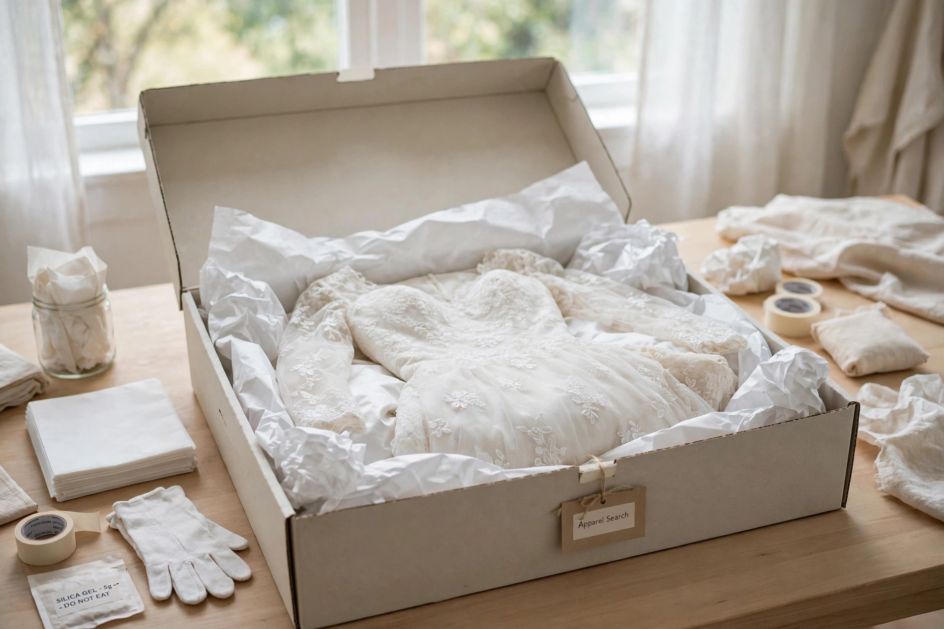 A white wedding gown carefully laid in an open acid-free storage box lined with white tissue paper, folds padded with crumpled tissue, in a bright room, no people