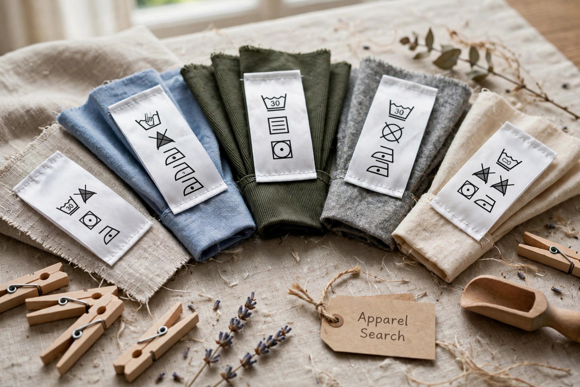 Close view of clothing care and fiber content labels sewn into garments, arranged fanned across a table, no people