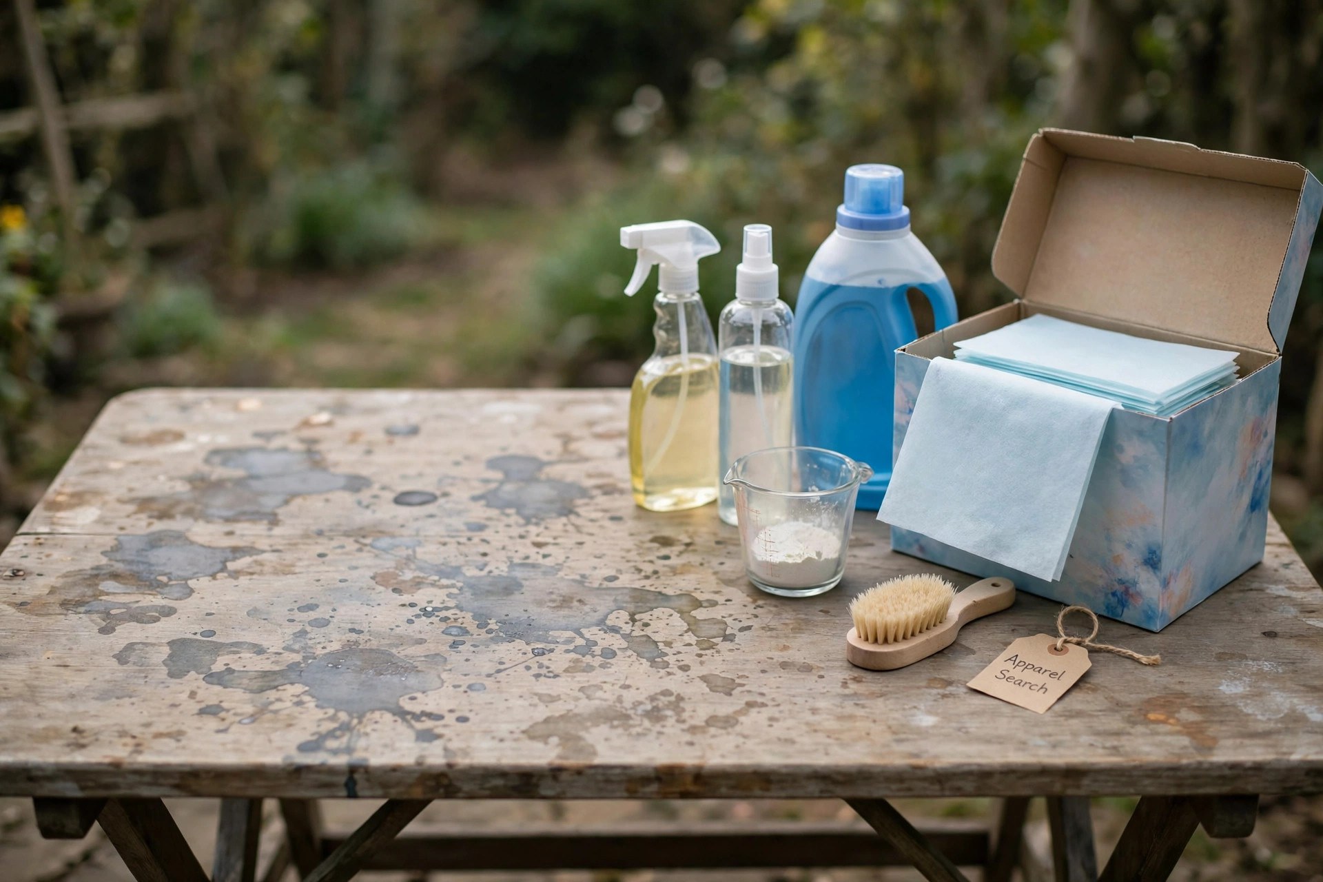Laundry items showing faint splotchy marks beside dryer softener sheets and detergent on a folding table, no people