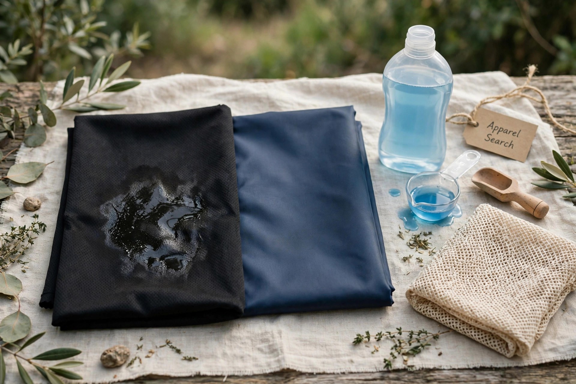 Synthetic sportswear fabrics in polyester and nylon with a visible oil mark on one piece, beside liquid detergent, no people