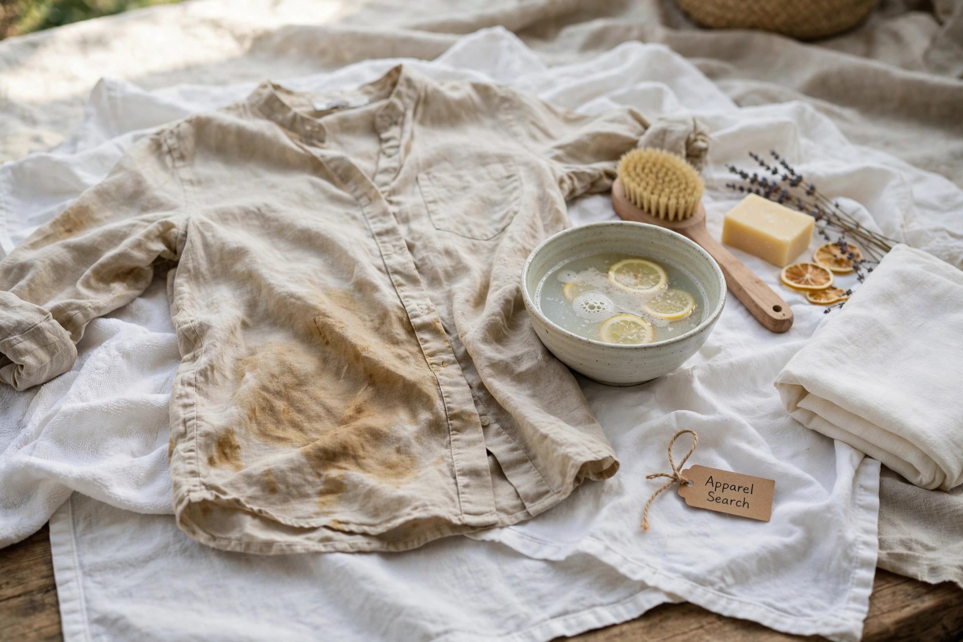 Hands-free view of a stained washable garment laid over white cloths with a small bowl of treatment solution beside it, no people