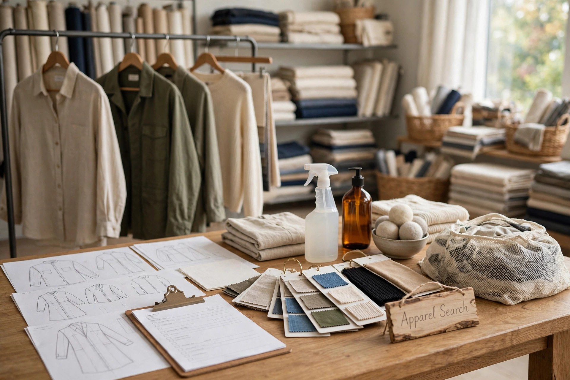 A wholesale showroom table with line sheets, order forms, fabric swatches and sample garments on a rail, no people