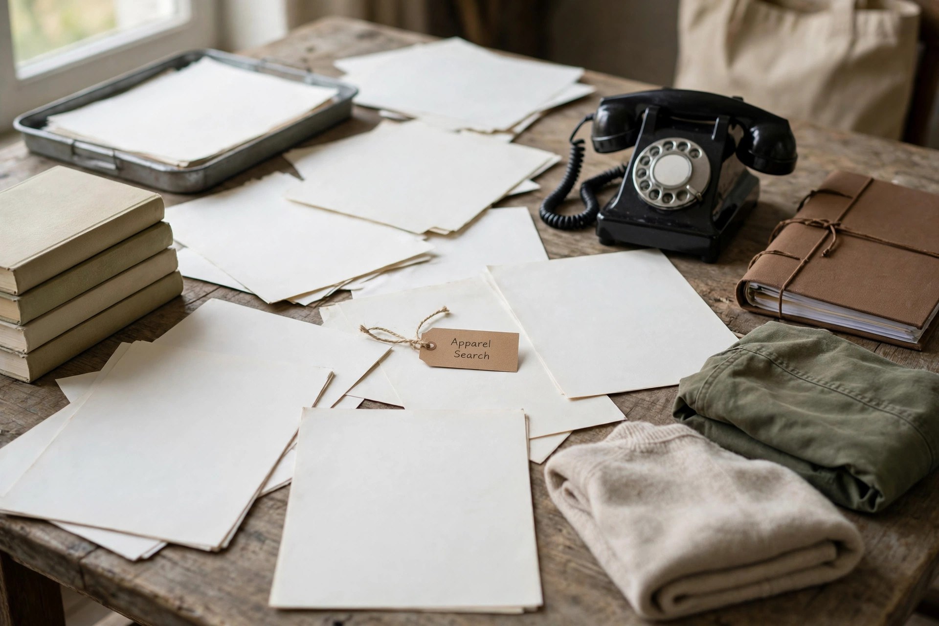 Survey forms and interview notes spread on a desk with a telephone and a bound report, no people