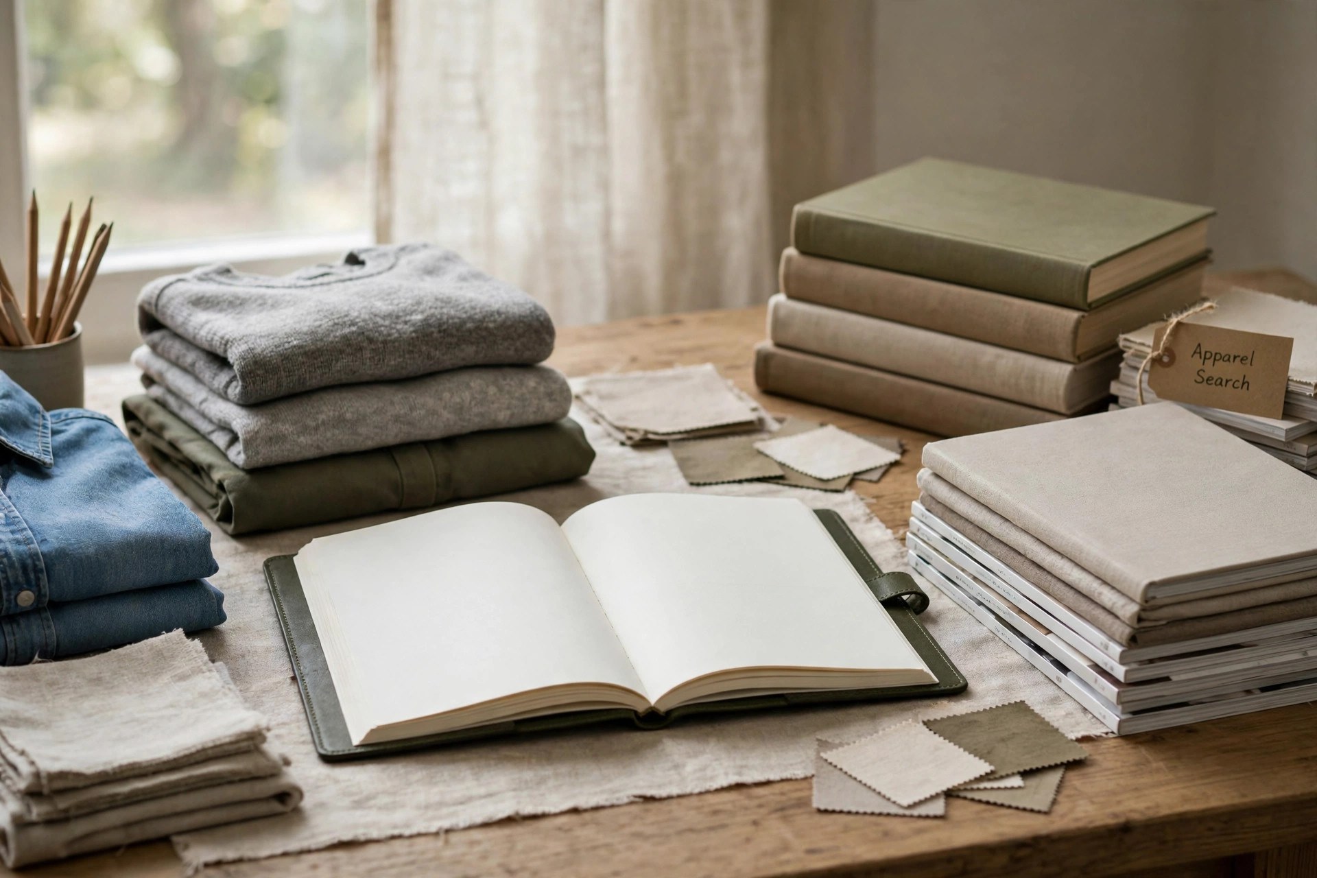 An online journal open on a research desk with fashion magazines, reference books and folded garments, no people