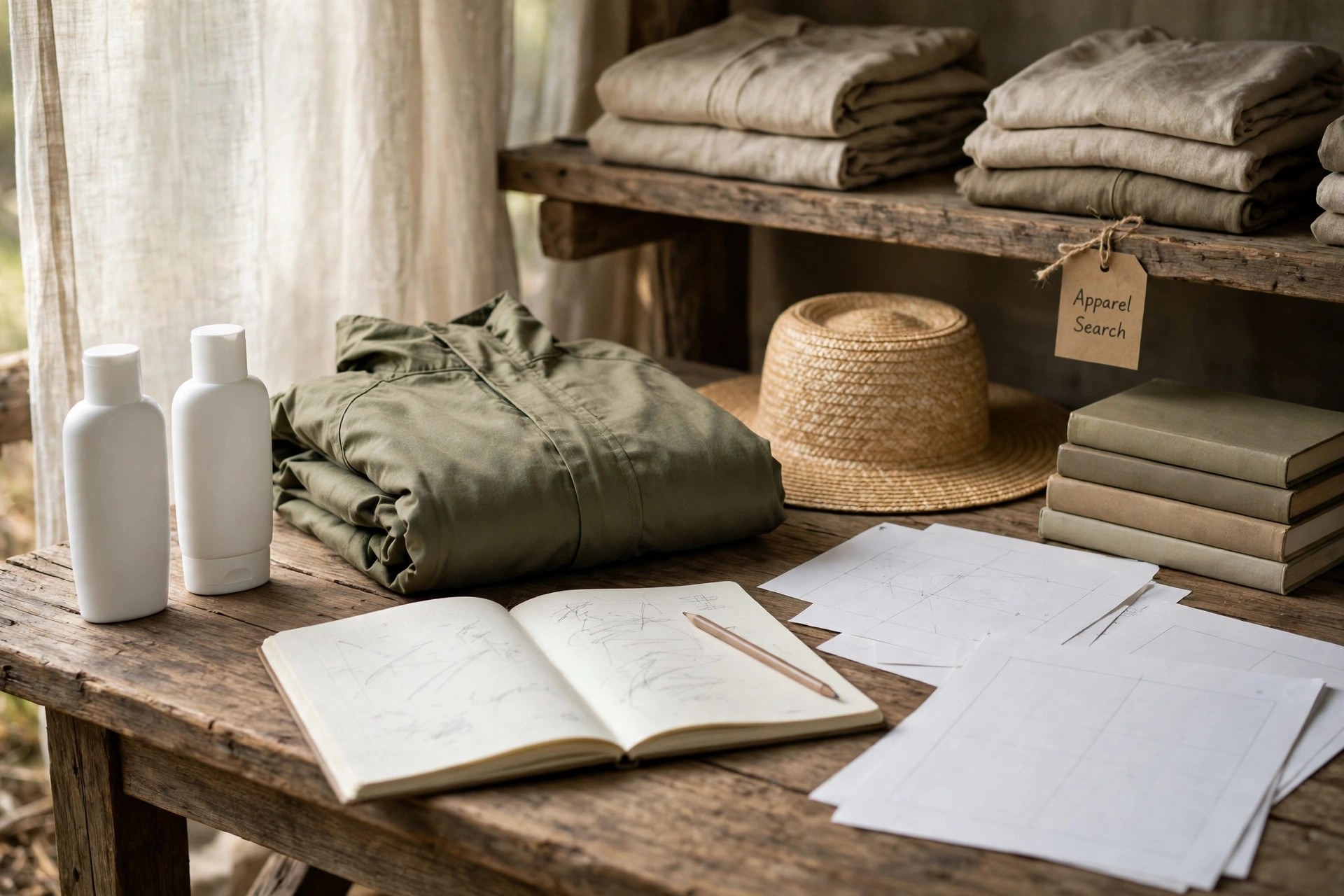 Sunscreen bottles beside folded protective clothing and a sun hat on a research desk with handwritten notes, no people