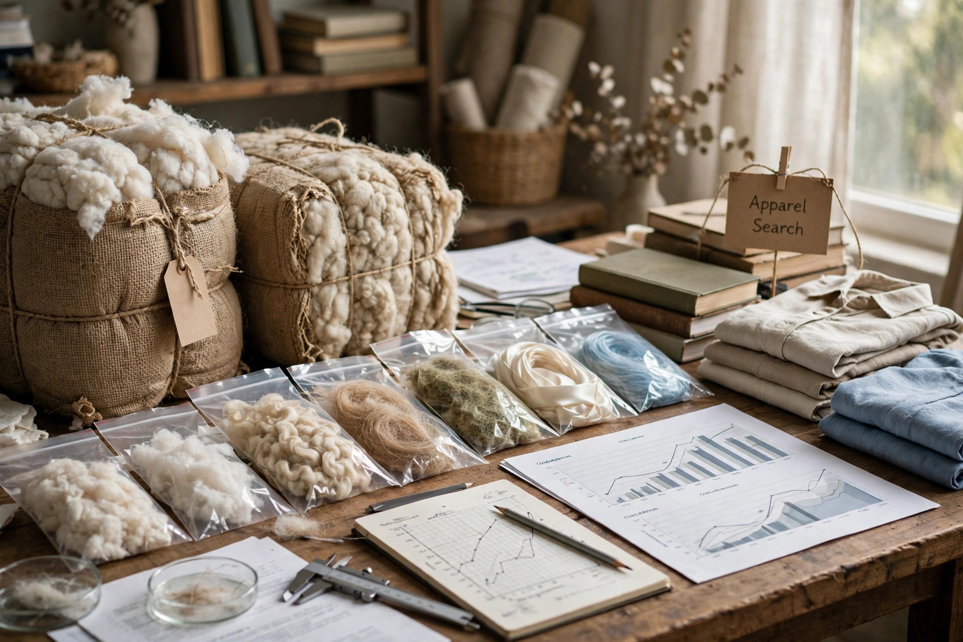 Bales and labeled samples of different textile fibers with consumption charts on a research desk, no people