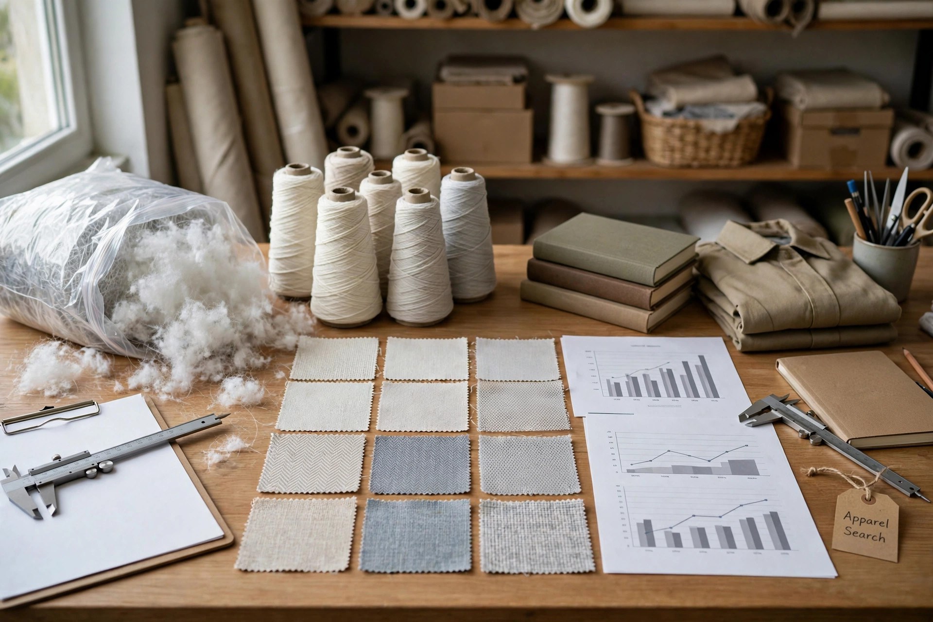 Polyester staple fiber, filament yarn cones and PET fabric samples with production charts on a research desk, no people