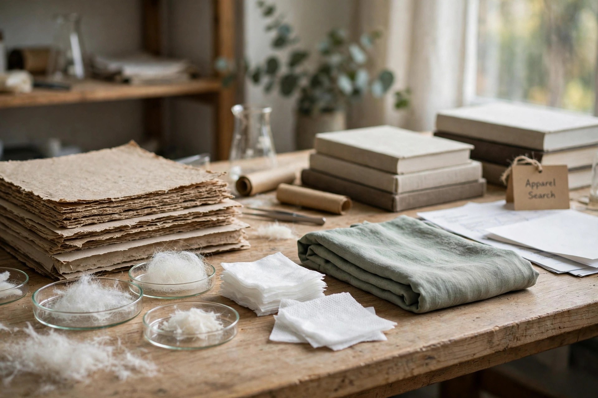 Wood pulp sheets, viscose fiber samples and absorbent nonwoven wipes on a research desk, no people