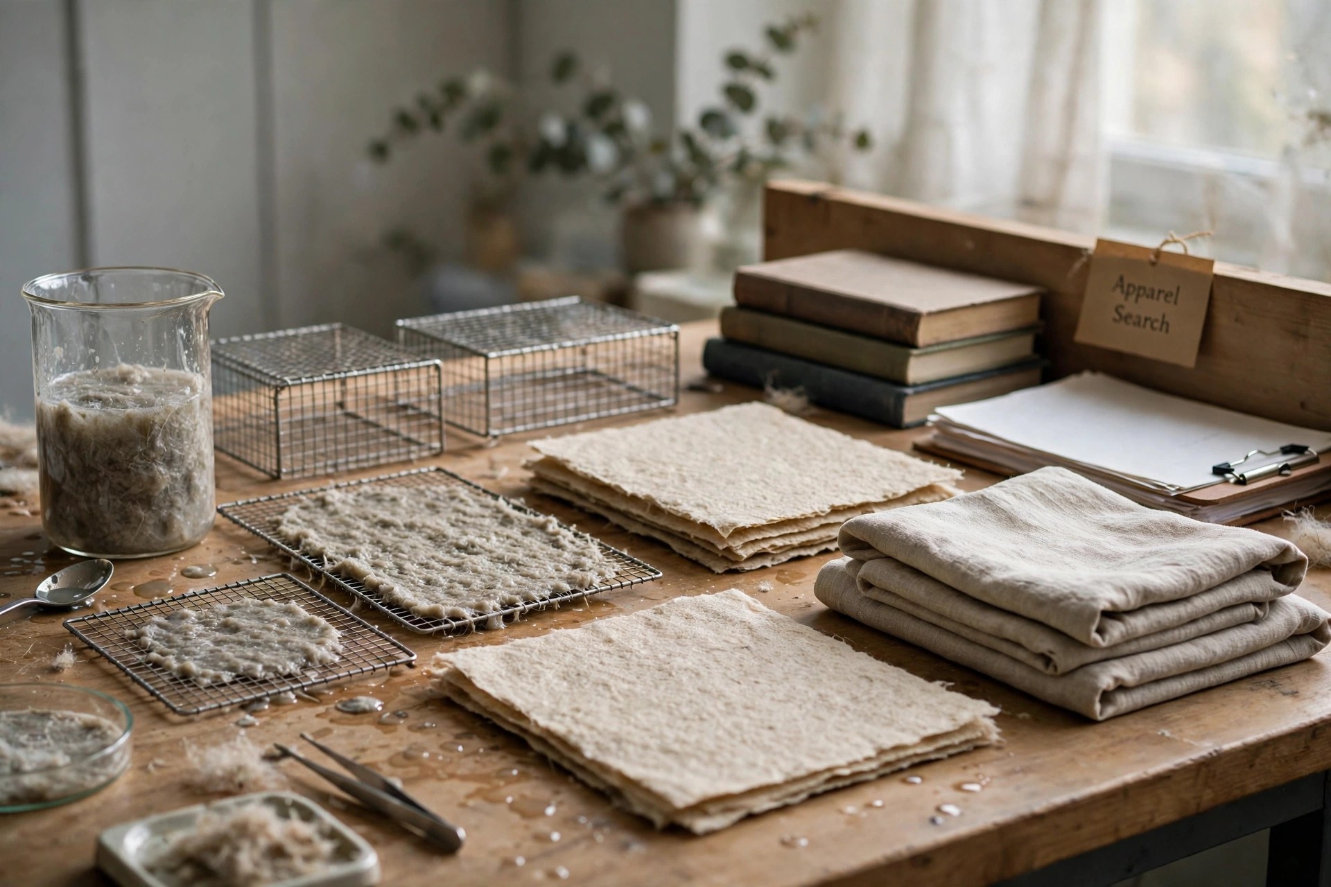 A wet fiber slurry, forming wire samples and finished wet-laid sheets on a research desk, no people