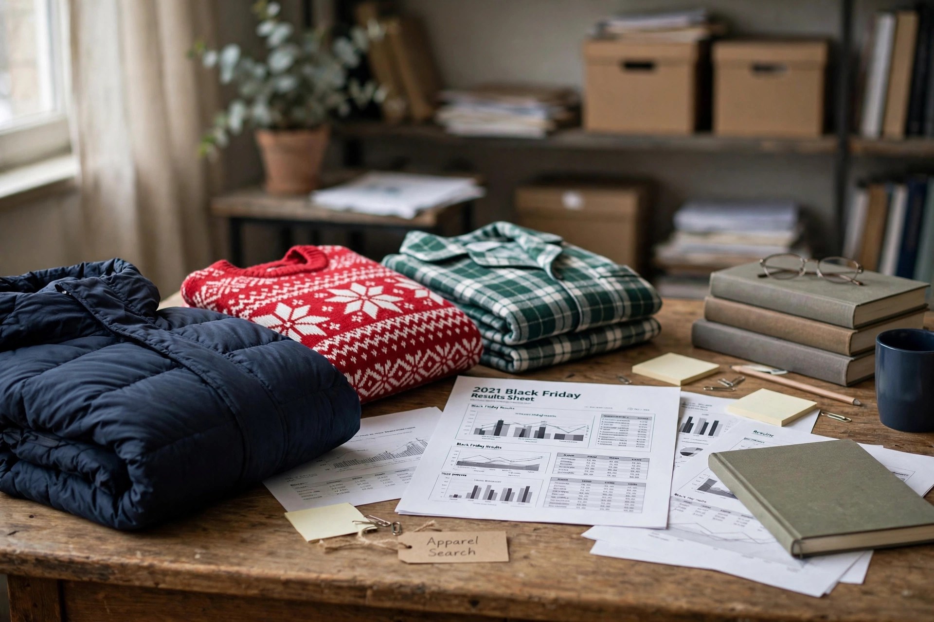 A 2021 Black Friday results sheet with folded winter coats, holiday sweaters and pajamas on a research desk, no people
