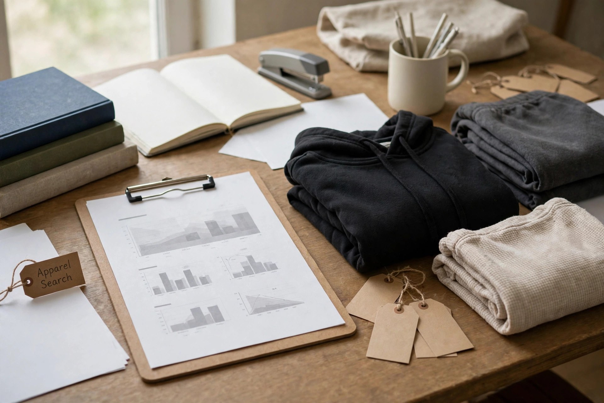 A 2022 Black Friday results sheet with folded athleisure garments, loungewear and discount tags on a research desk, no people