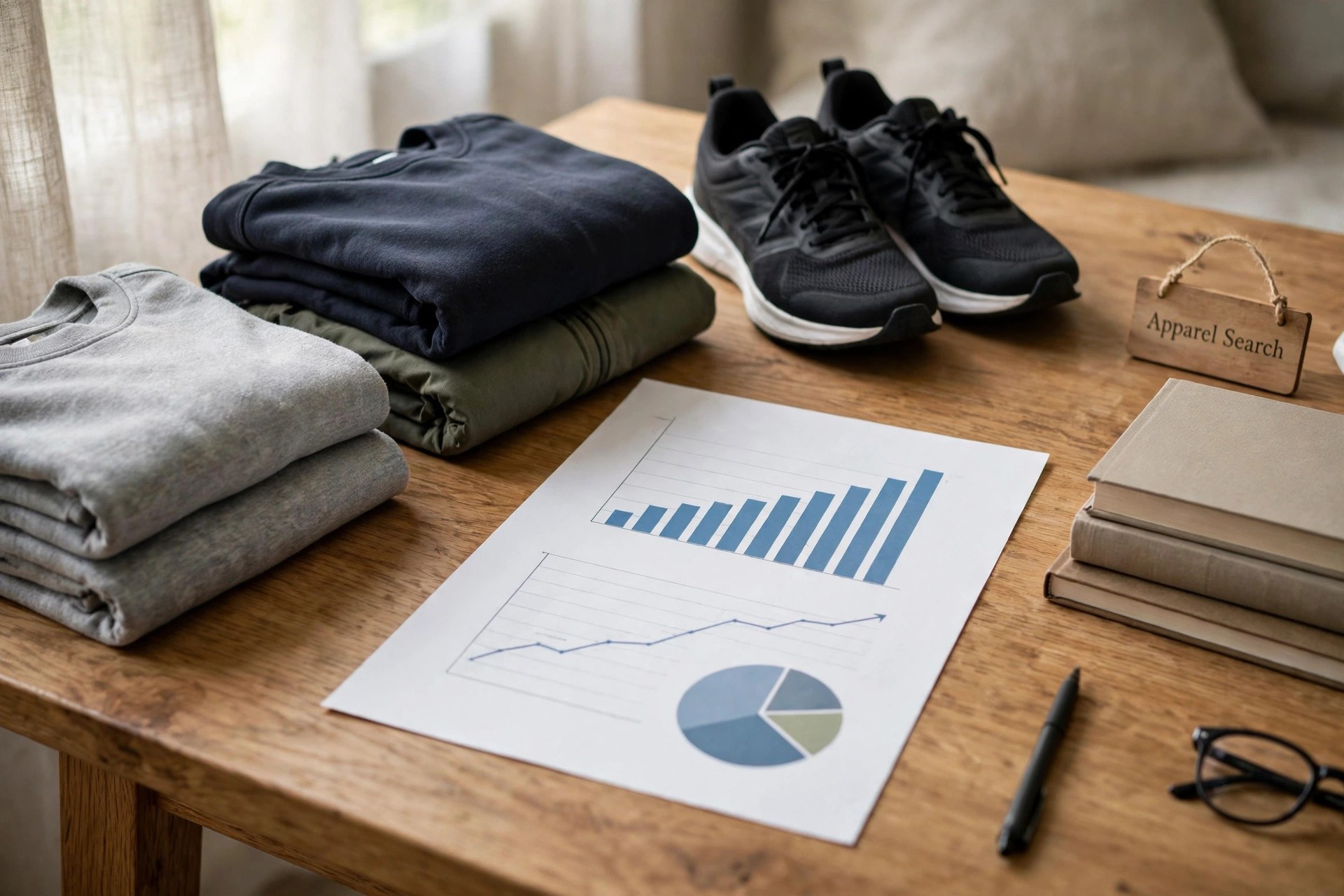 A 2023 Black Friday results sheet with athletic shoes, folded apparel and online sales charts on a research desk, no people