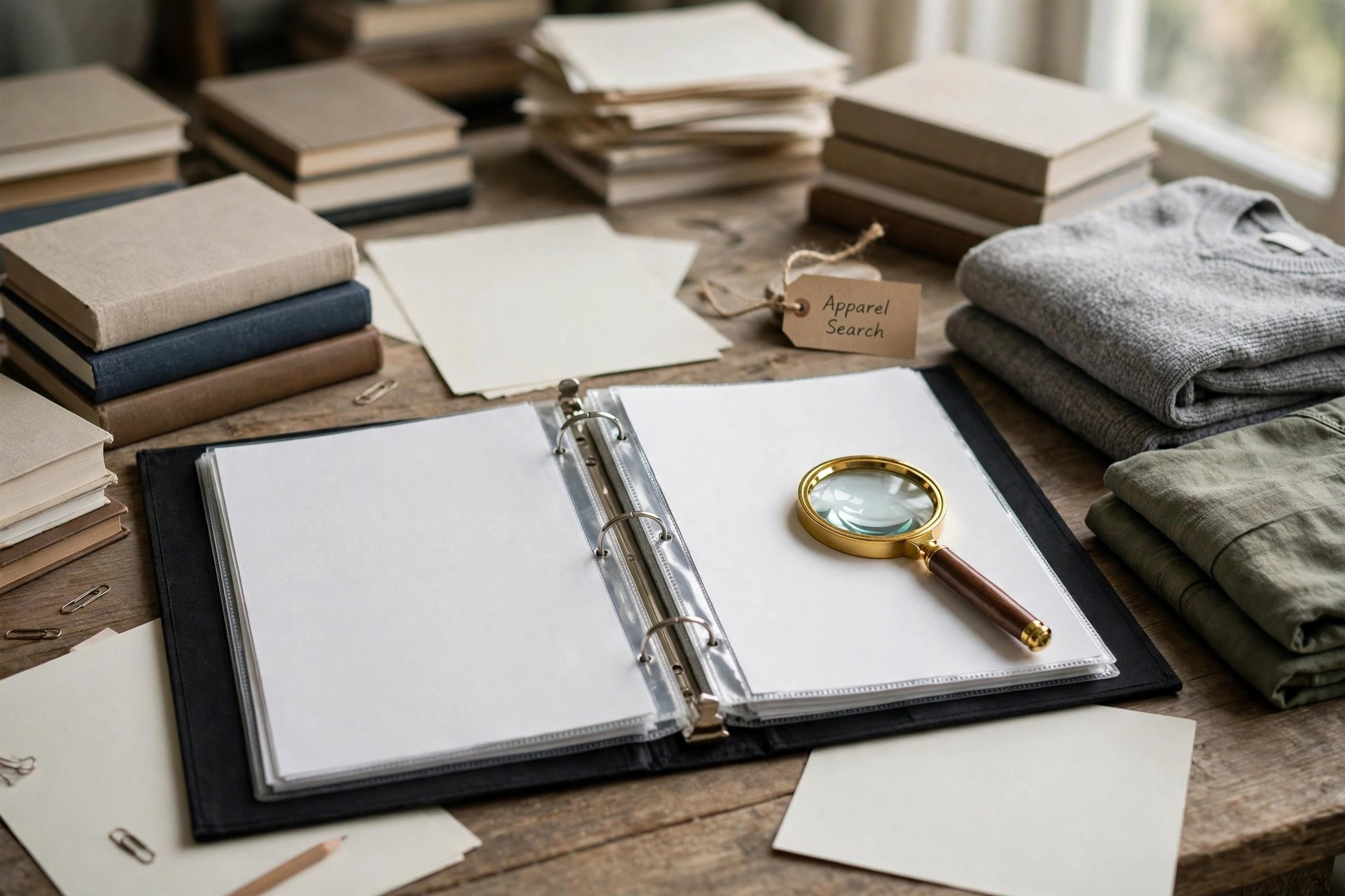 An open definitions binder with retail survey forms and a magnifier on a research desk, no people