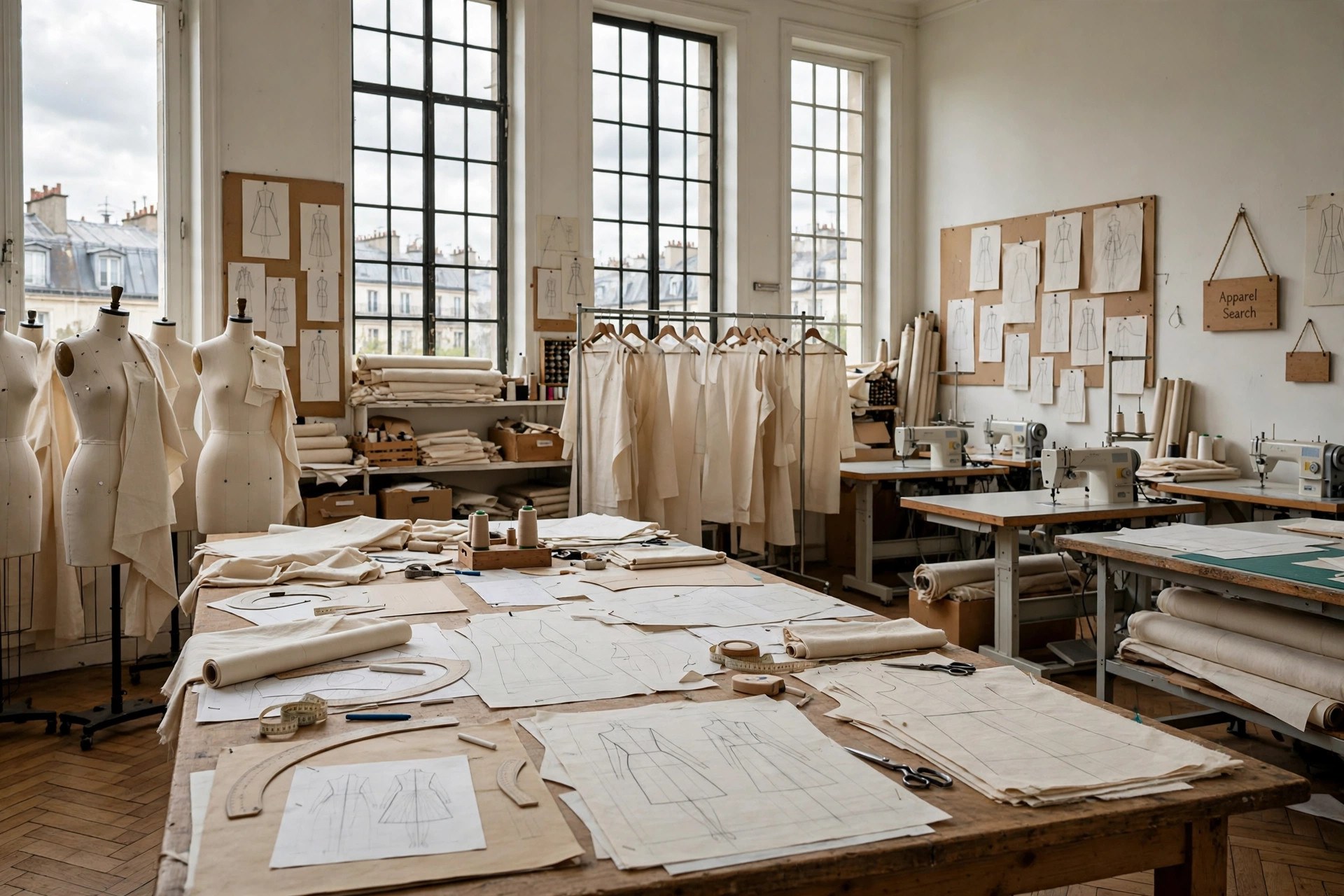 A Paris fashion school atelier with tall windows, haute couture dress forms, toile fabric and pattern drafts on a long table, no people