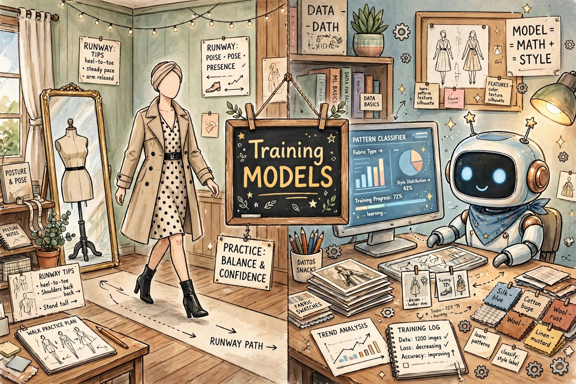 Playful illustration of two kinds of model training side by side: a fashion model practicing her runway walk at a modeling school, and a friendly robot being trained with fashion photos, fabric swatches and charts