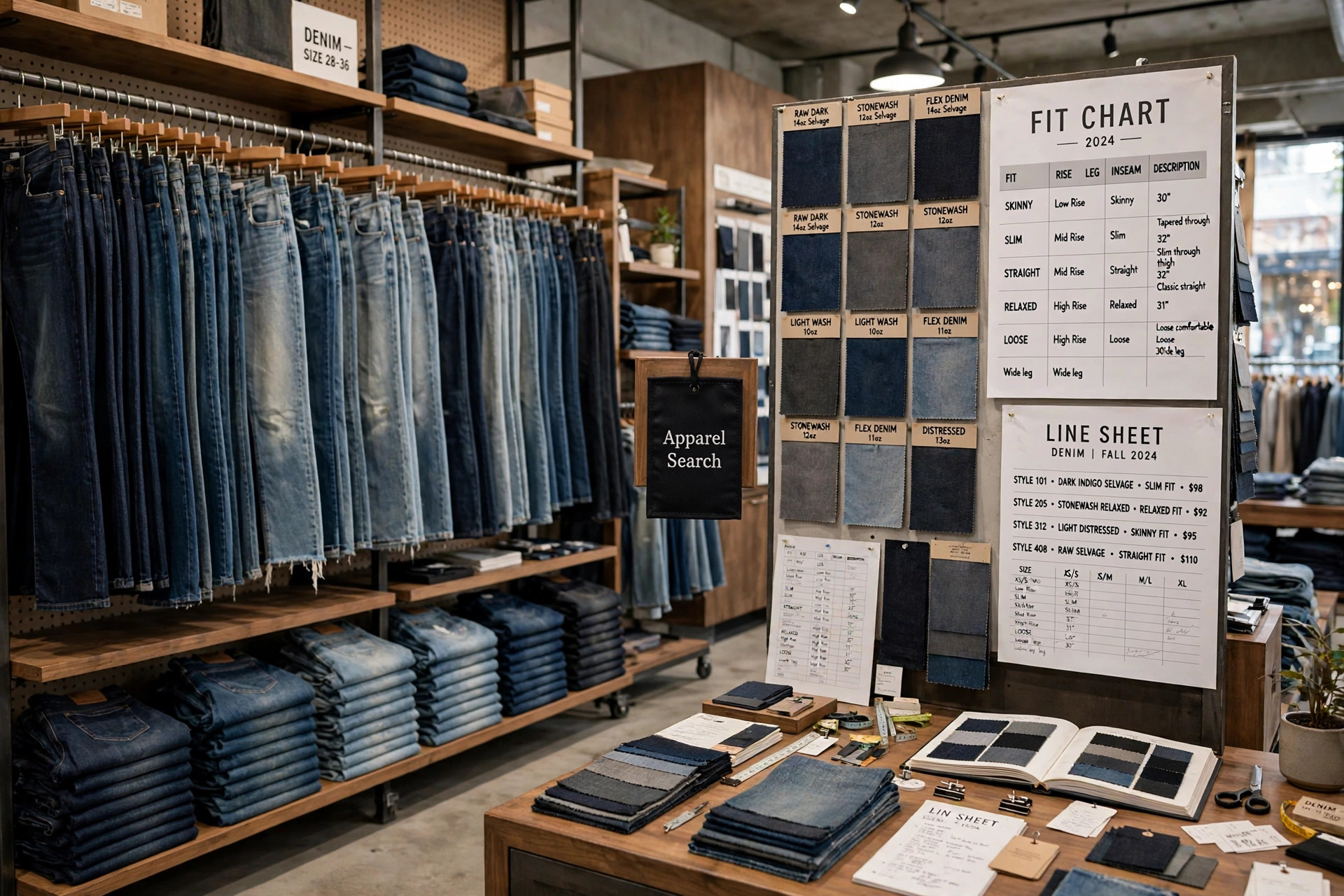 Stacks and rails of denim jeans in many fits and washes with denim fabric swatches, fit charts and line sheets