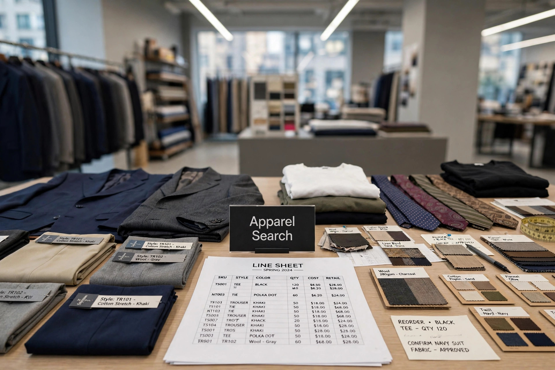 A buying office table with tailored suits, folded t-shirts, neckties and trouser samples side by side